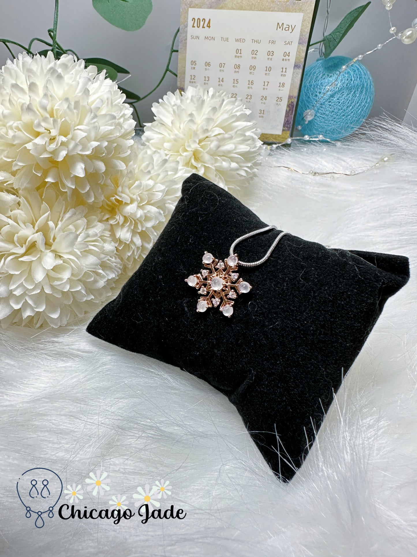 Snowflake Design Natural Grade A Certified Jadeite Jade Feicui Stone on S925 Sterling Silver Pendant Rosegold