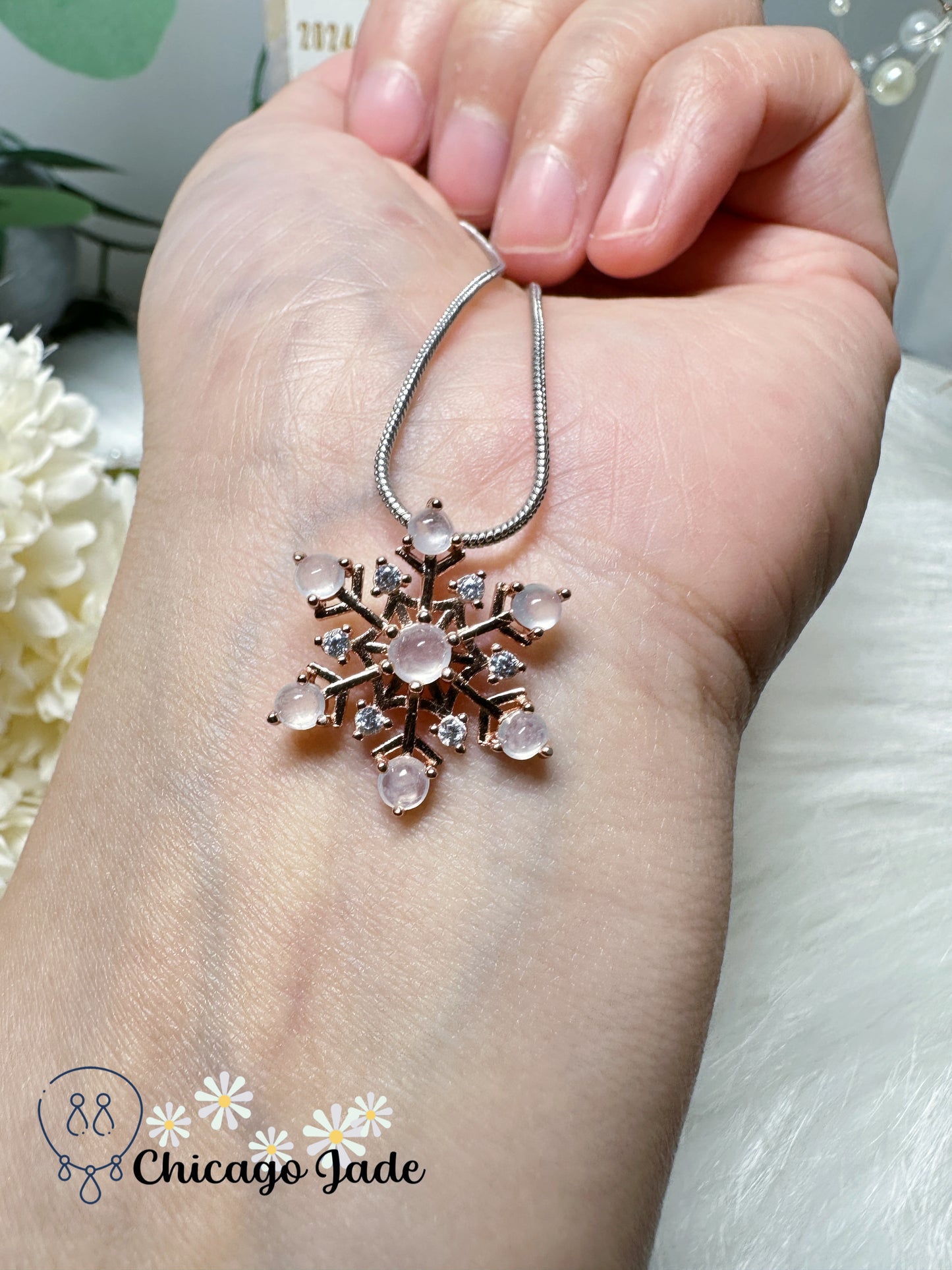 Snowflake Design Natural Grade A Certified Jadeite Jade Feicui Stone on S925 Sterling Silver Pendant Rosegold