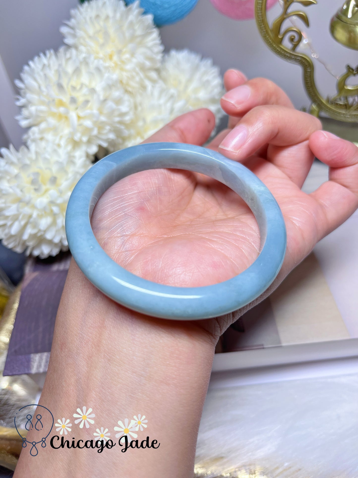 57.4mm Size M Sky Blue Perfect Round Flat Inside Jadeite Jade Feicui Bangle Certified Burma