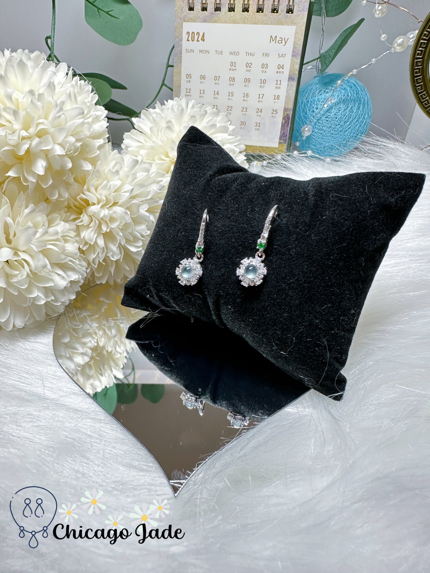 Halo Round Jadeite Jade Feicui Stone on Sterling Silver S925 Drop Earring Certified Grade A Burma