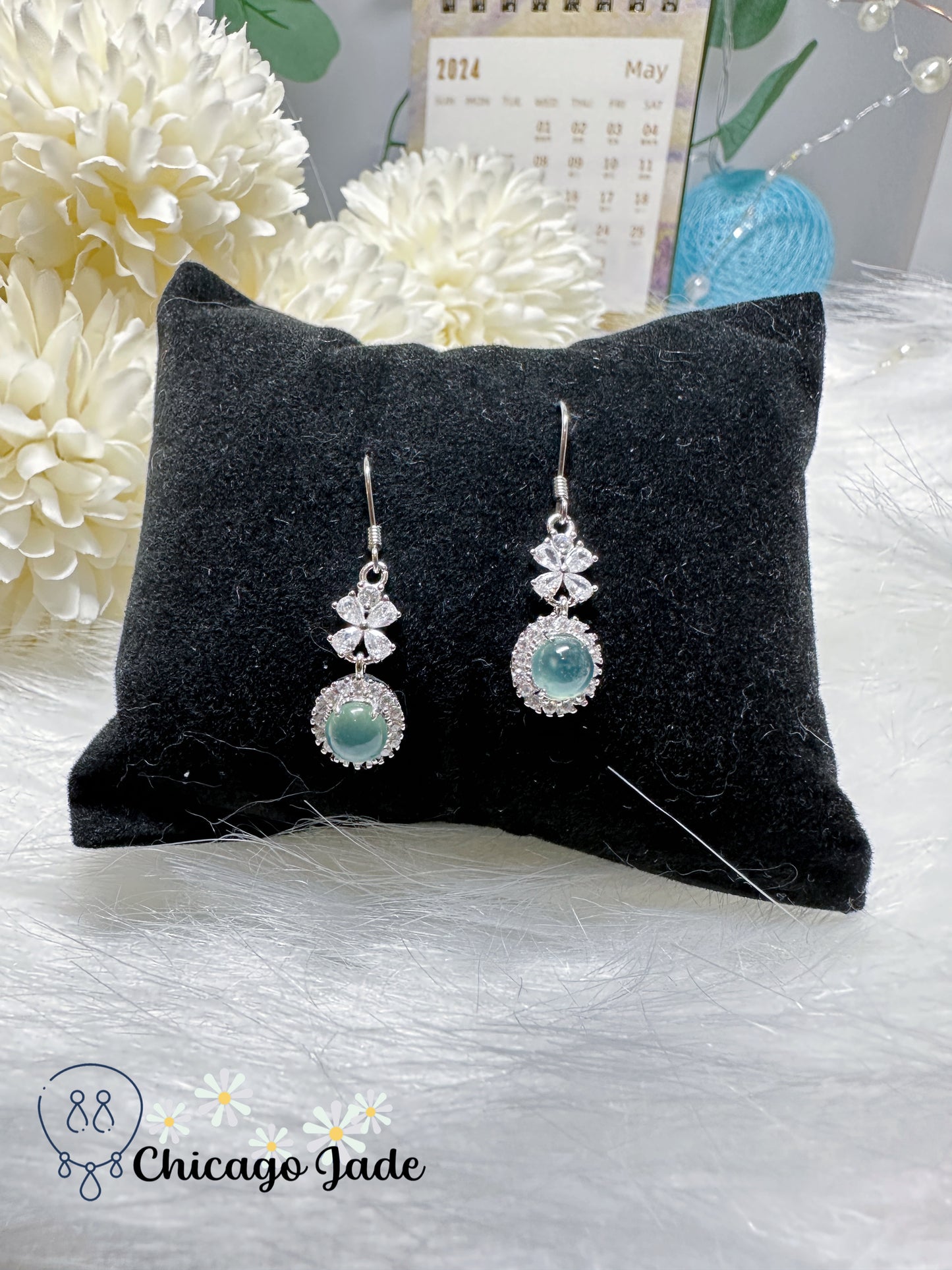 Light Blue Natural Jadeite Jade Feicui on Sterling Silver S925 Drop Earring Handmade Grade A Certified Gift for Her