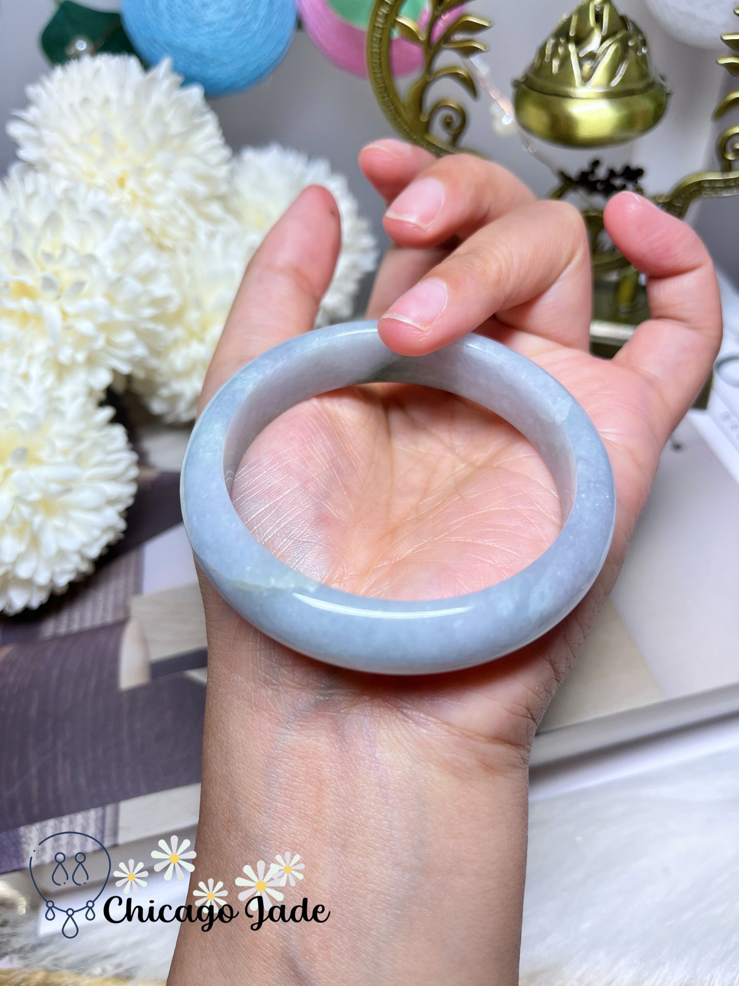 55mm Size S Light Blue Base with Bright Green Highlight Flat Inside Jadeite Jade Feicui Bangle Certified Grade A Authentic Burma