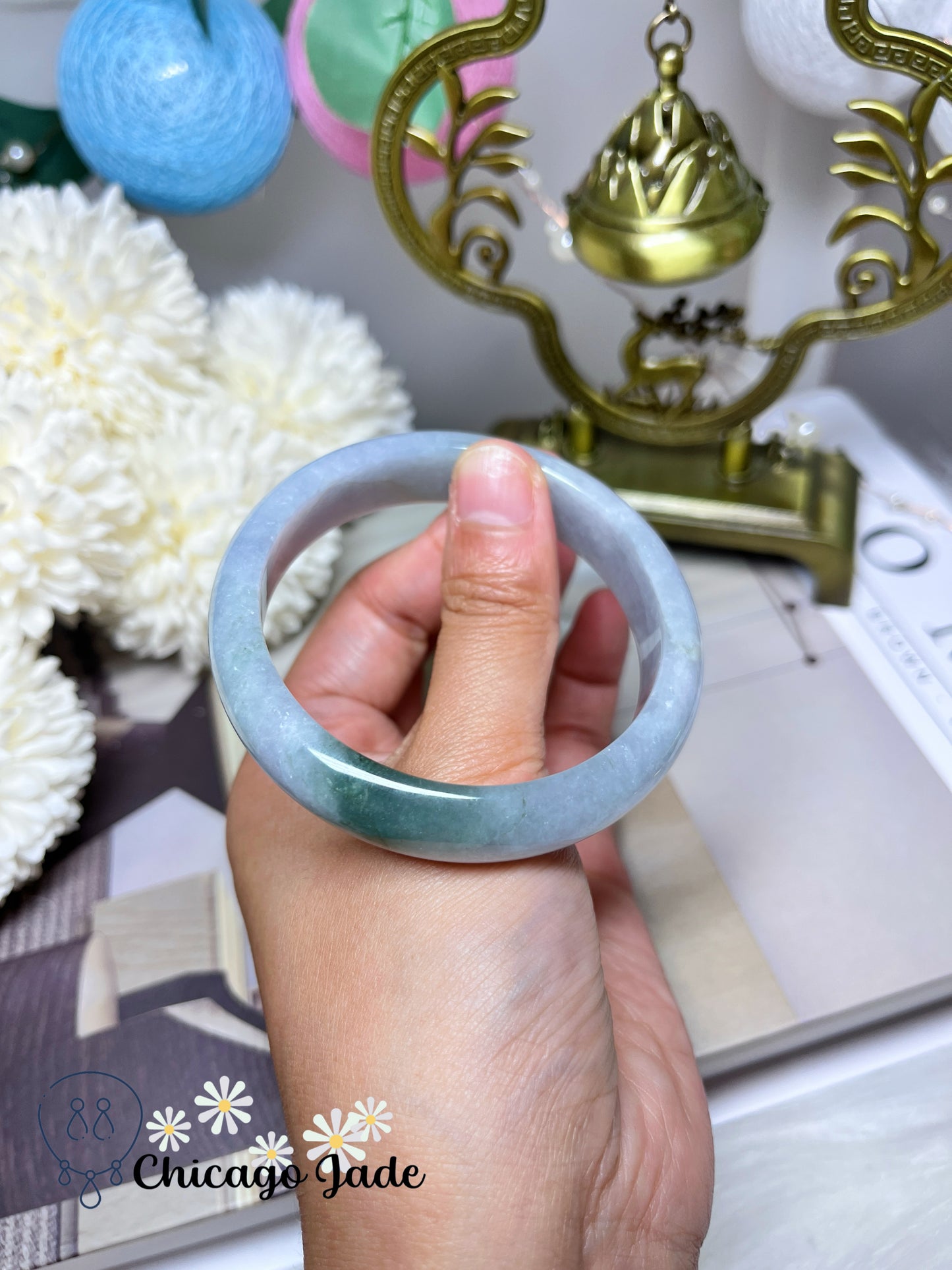 55mm Size S Light Blue Base with Bright Green Highlight Flat Inside Jadeite Jade Feicui Bangle Certified Grade A Authentic Burma