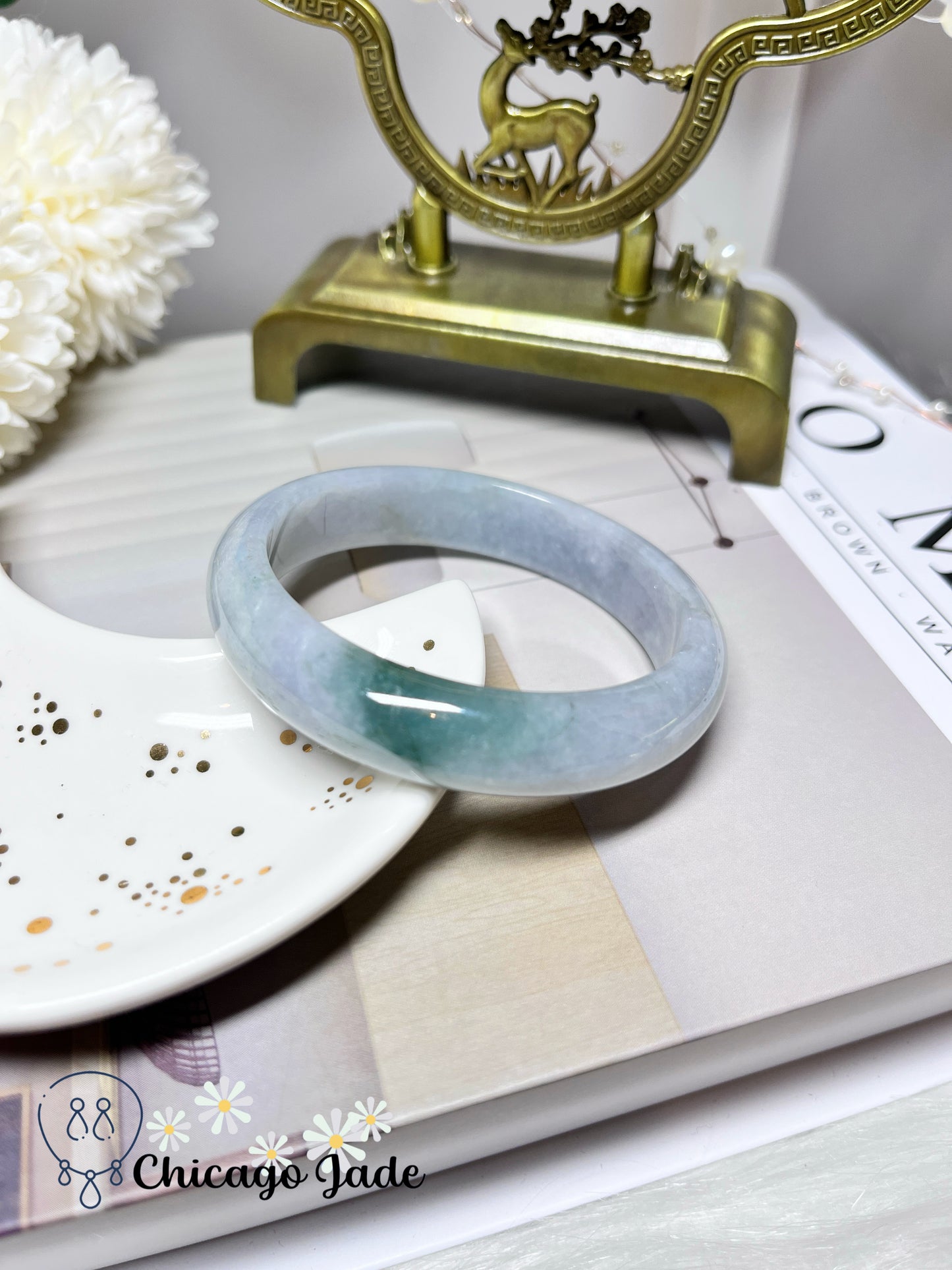 55mm Size S Light Blue Base with Bright Green Highlight Flat Inside Jadeite Jade Feicui Bangle Certified Grade A Authentic Burma