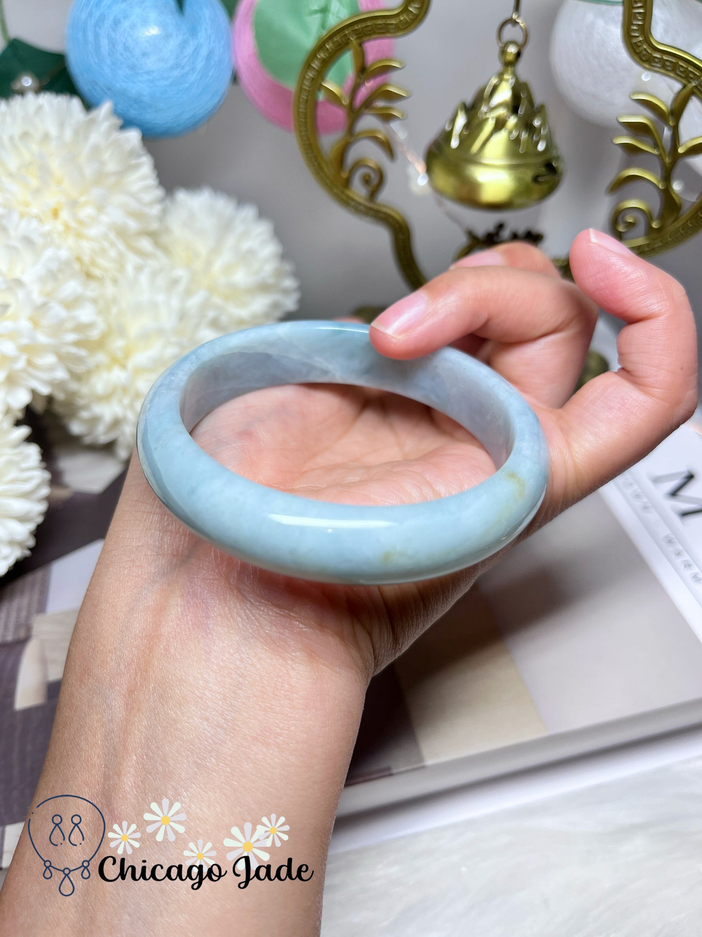 57.8mm Size M Sky Blue with Clouds of White Cotton Flat Inside Jadeite Jade Feicui Bangle Certified Burma Grade A Authentic