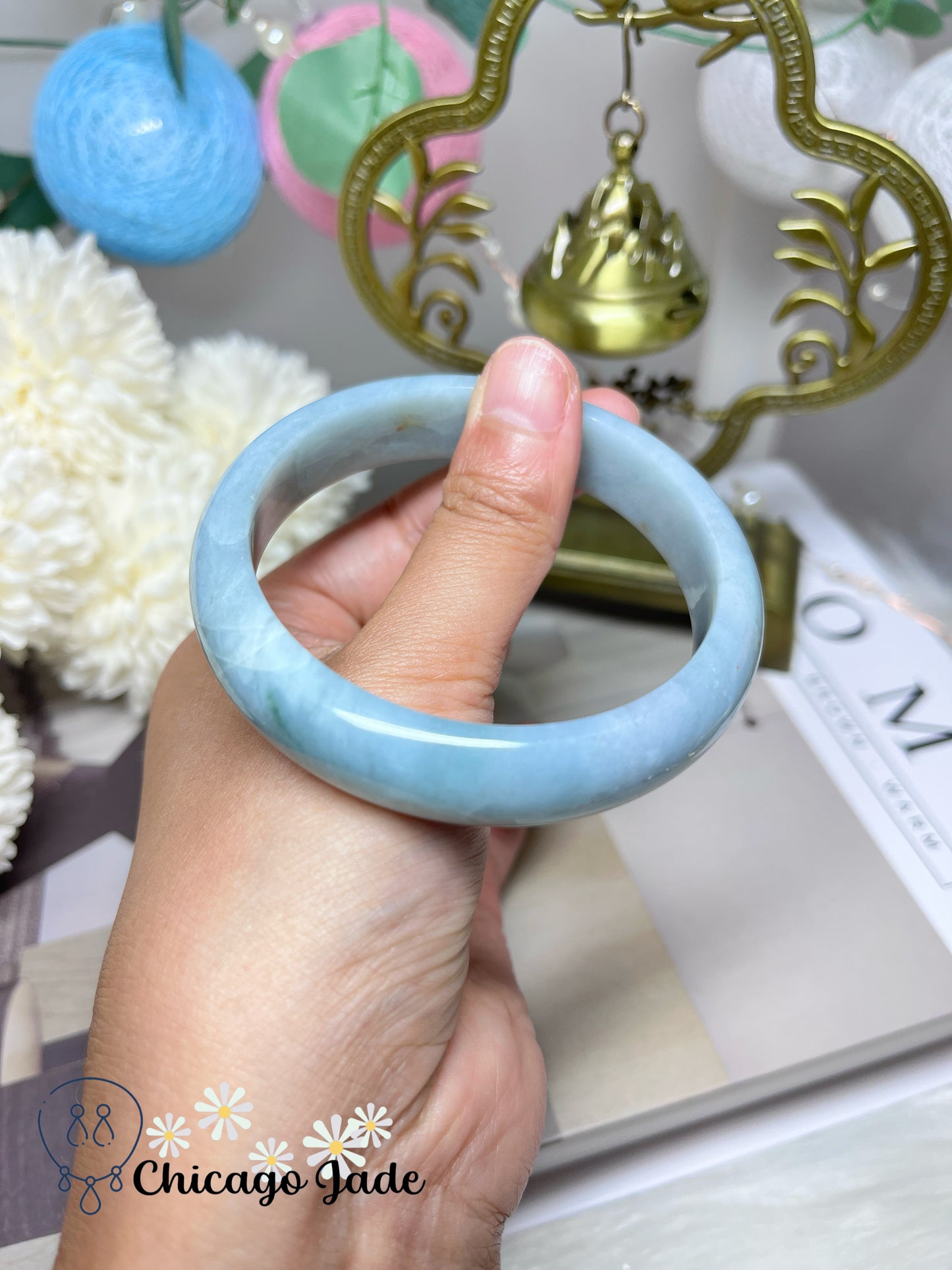 57.8mm Size M Sky Blue with Clouds of White Cotton Flat Inside Jadeite Jade Feicui Bangle Certified Burma Grade A Authentic