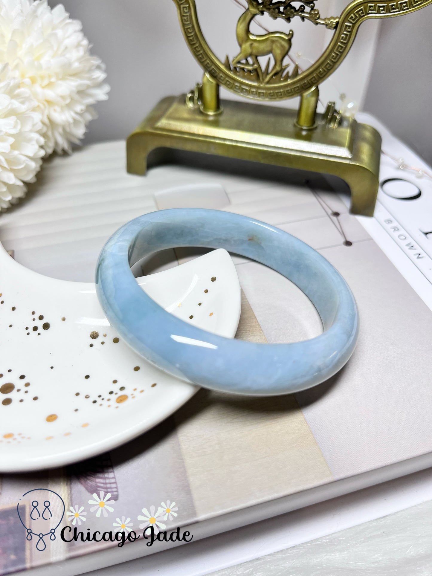 57.8mm Size M Sky Blue with Clouds of White Cotton Flat Inside Jadeite Jade Feicui Bangle Certified Burma Grade A Authentic