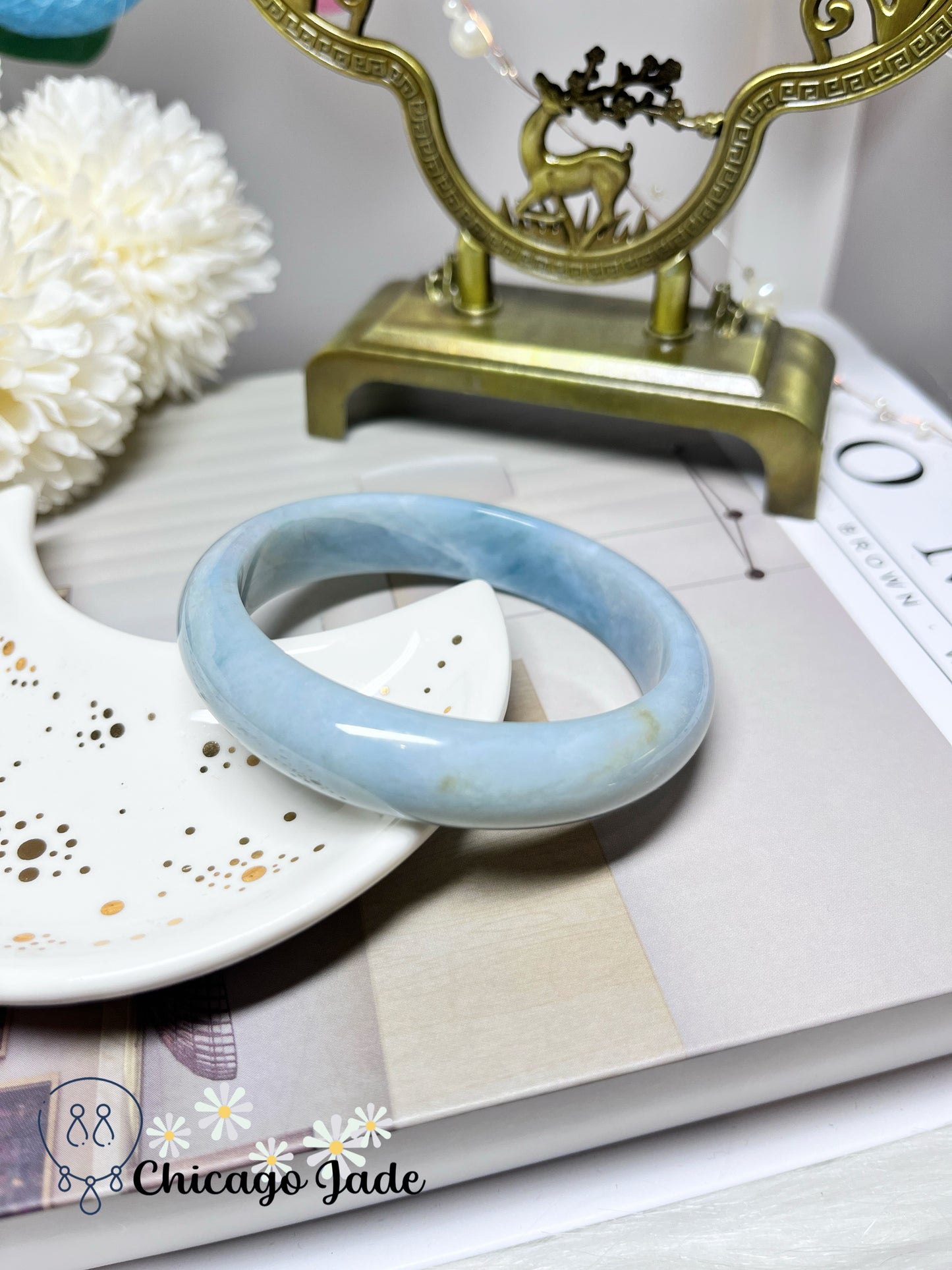 57.8mm Size M Sky Blue with Clouds of White Cotton Flat Inside Jadeite Jade Feicui Bangle Certified Burma Grade A Authentic