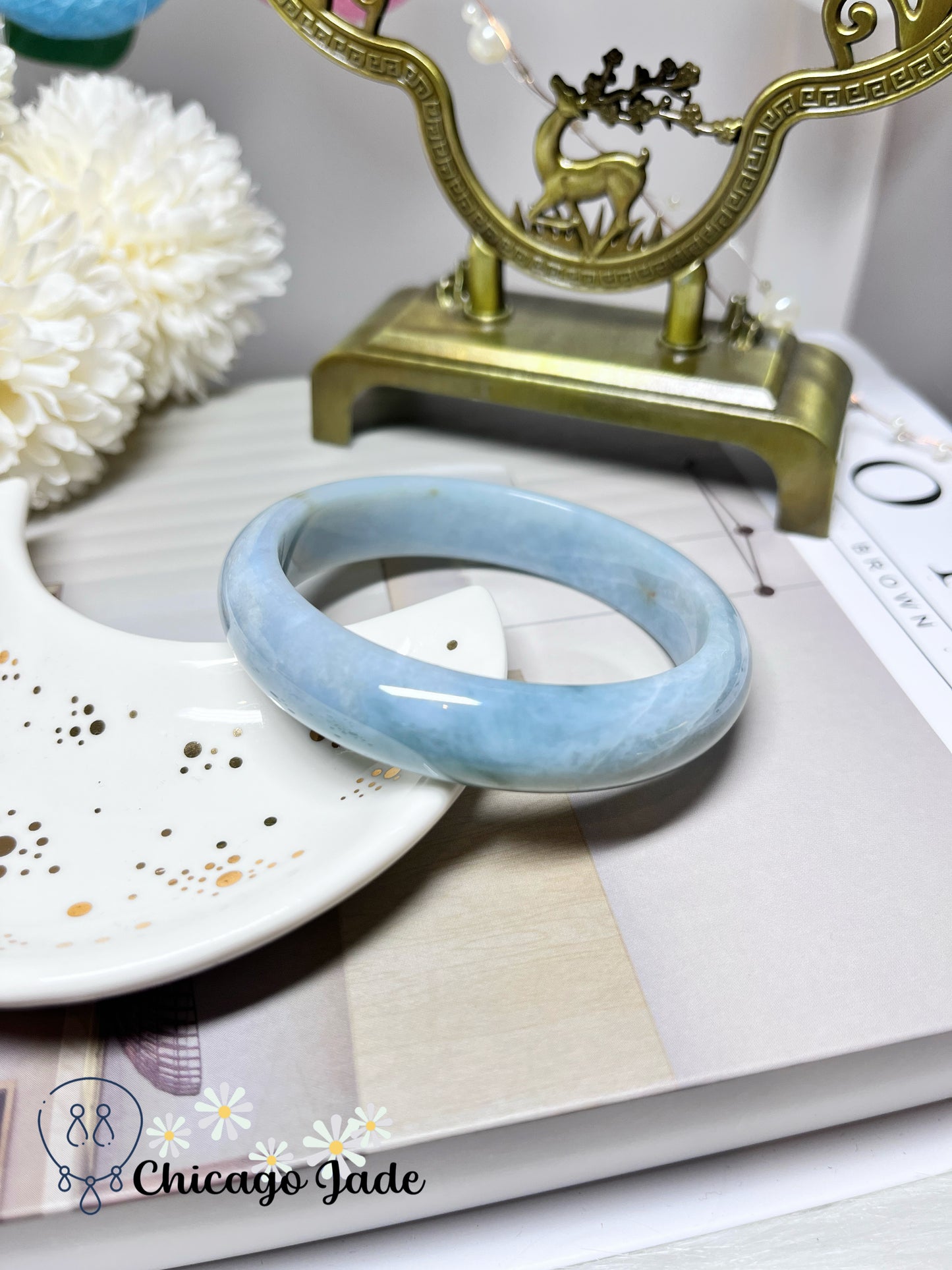 57.8mm Size M Sky Blue with Clouds of White Cotton Flat Inside Jadeite Jade Feicui Bangle Certified Burma Grade A Authentic