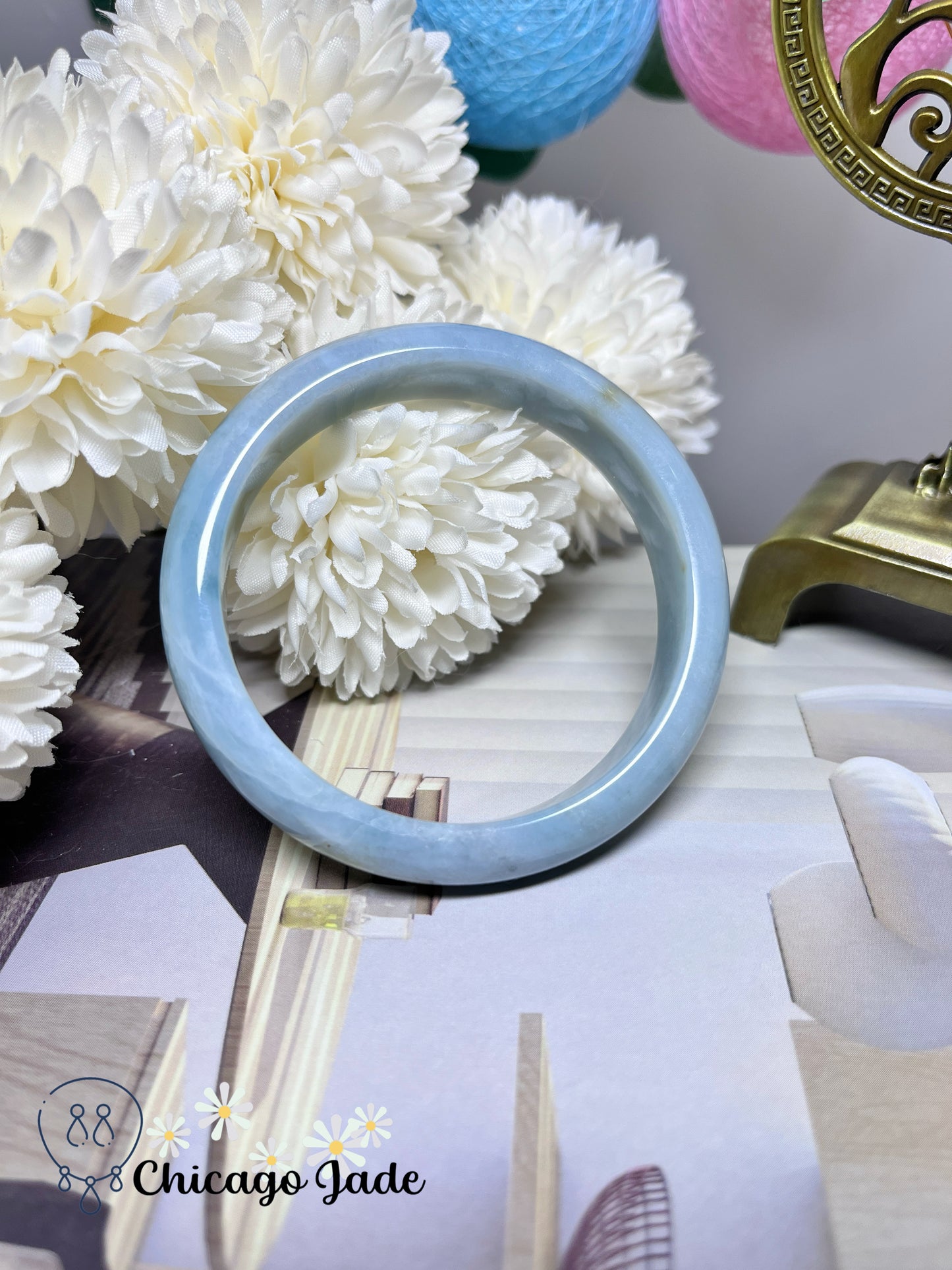 57.8mm Size M Sky Blue with Clouds of White Cotton Flat Inside Jadeite Jade Feicui Bangle Certified Burma Grade A Authentic