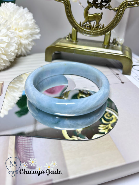 57.8mm Size M Sky Blue with Clouds of White Cotton Flat Inside Jadeite Jade Feicui Bangle Certified Burma Grade A Authentic