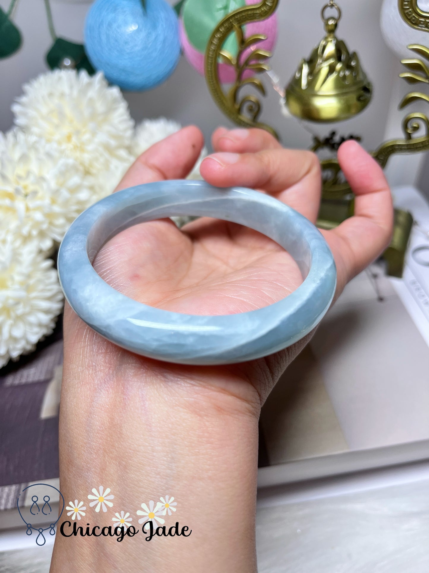 60.9mm Size L Blue Sky Base with White Cotton Lines Large Natural Jadeite Jade Feicui Bangle Certified Burma Grade A Authentic