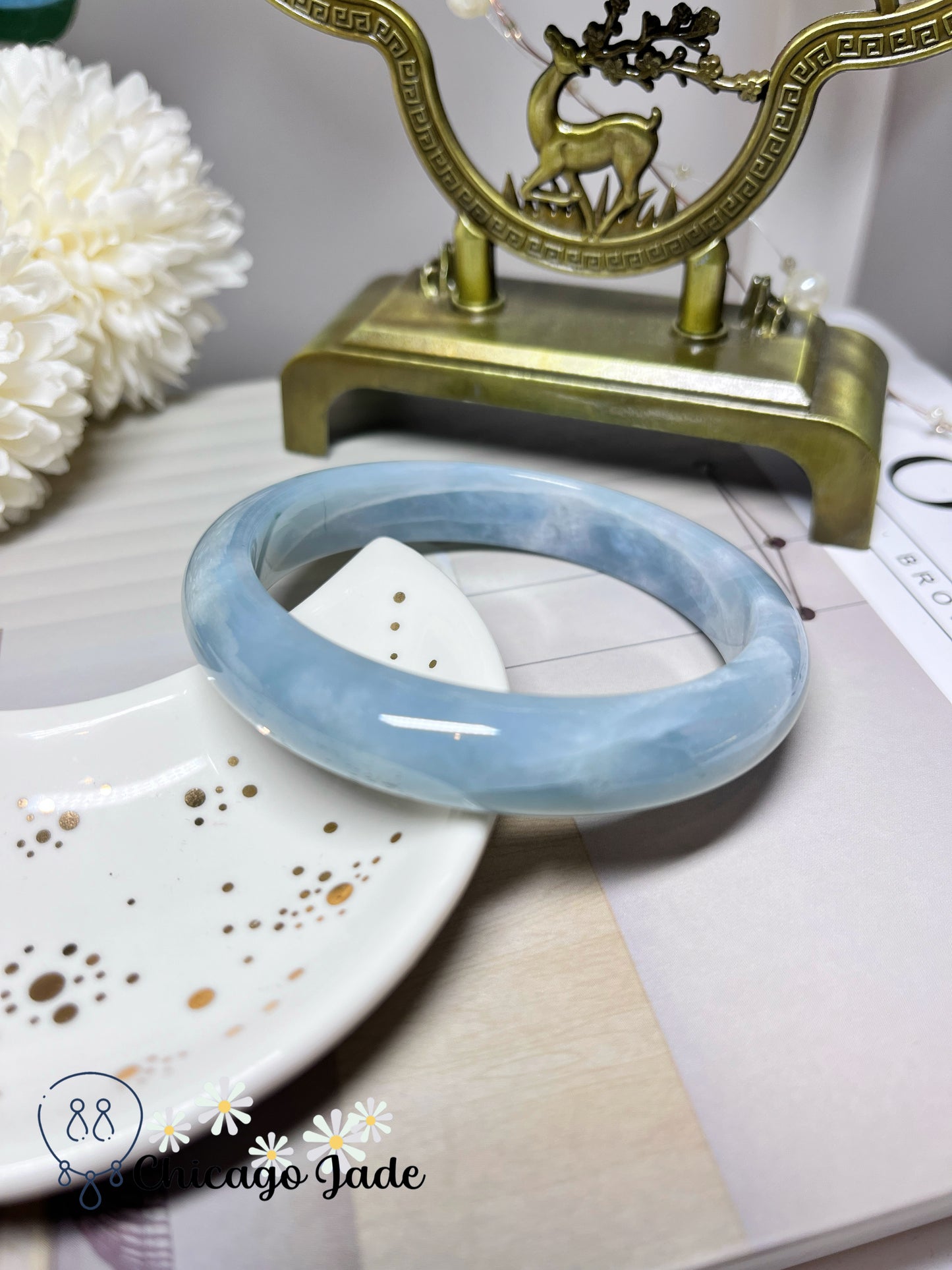 60.9mm Size L Blue Sky Base with White Cotton Lines Large Natural Jadeite Jade Feicui Bangle Certified Burma Grade A Authentic