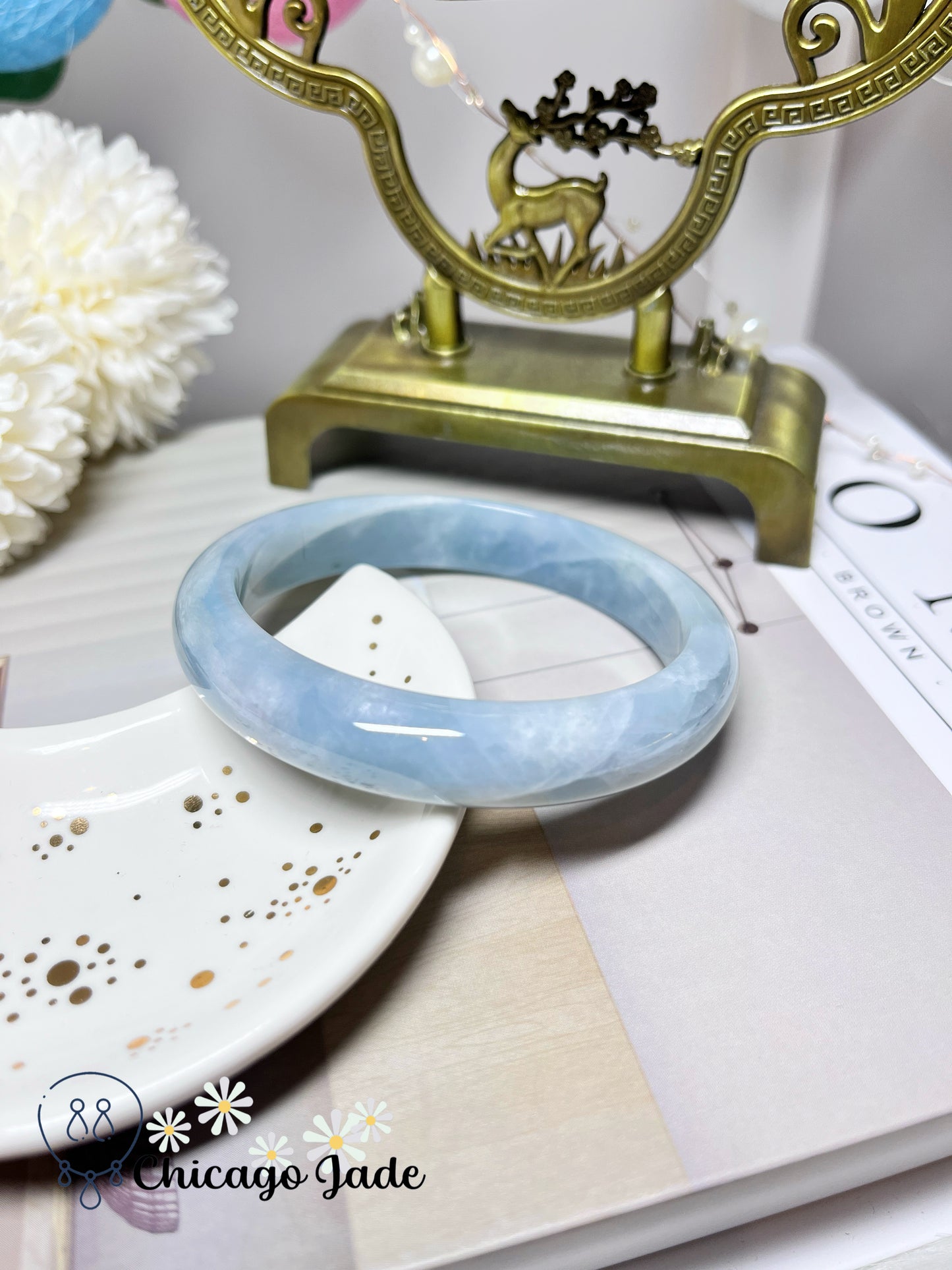 60.9mm Size L Blue Sky Base with White Cotton Lines Large Natural Jadeite Jade Feicui Bangle Certified Burma Grade A Authentic