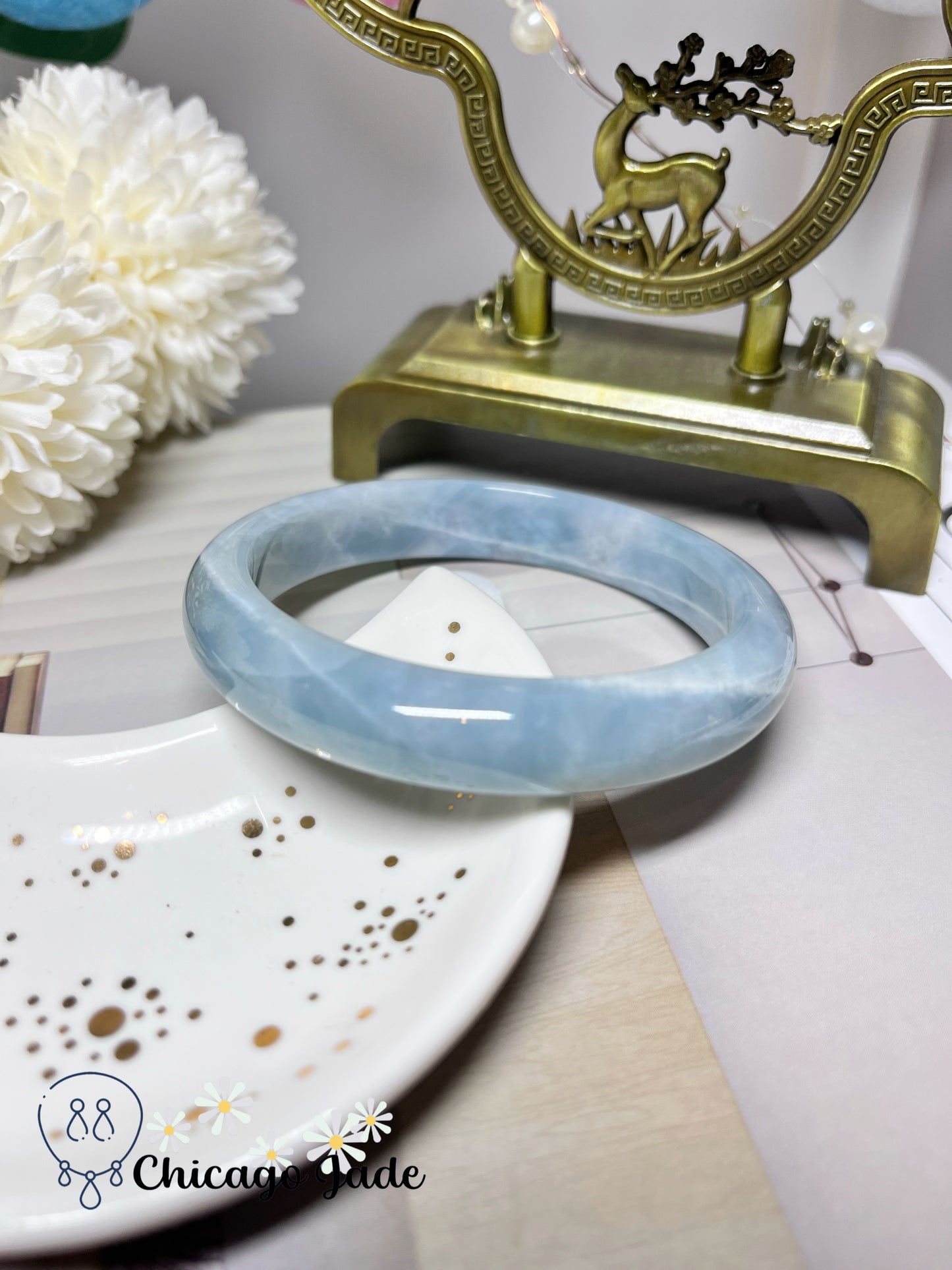 60.9mm Size L Blue Sky Base with White Cotton Lines Large Natural Jadeite Jade Feicui Bangle Certified Burma Grade A Authentic