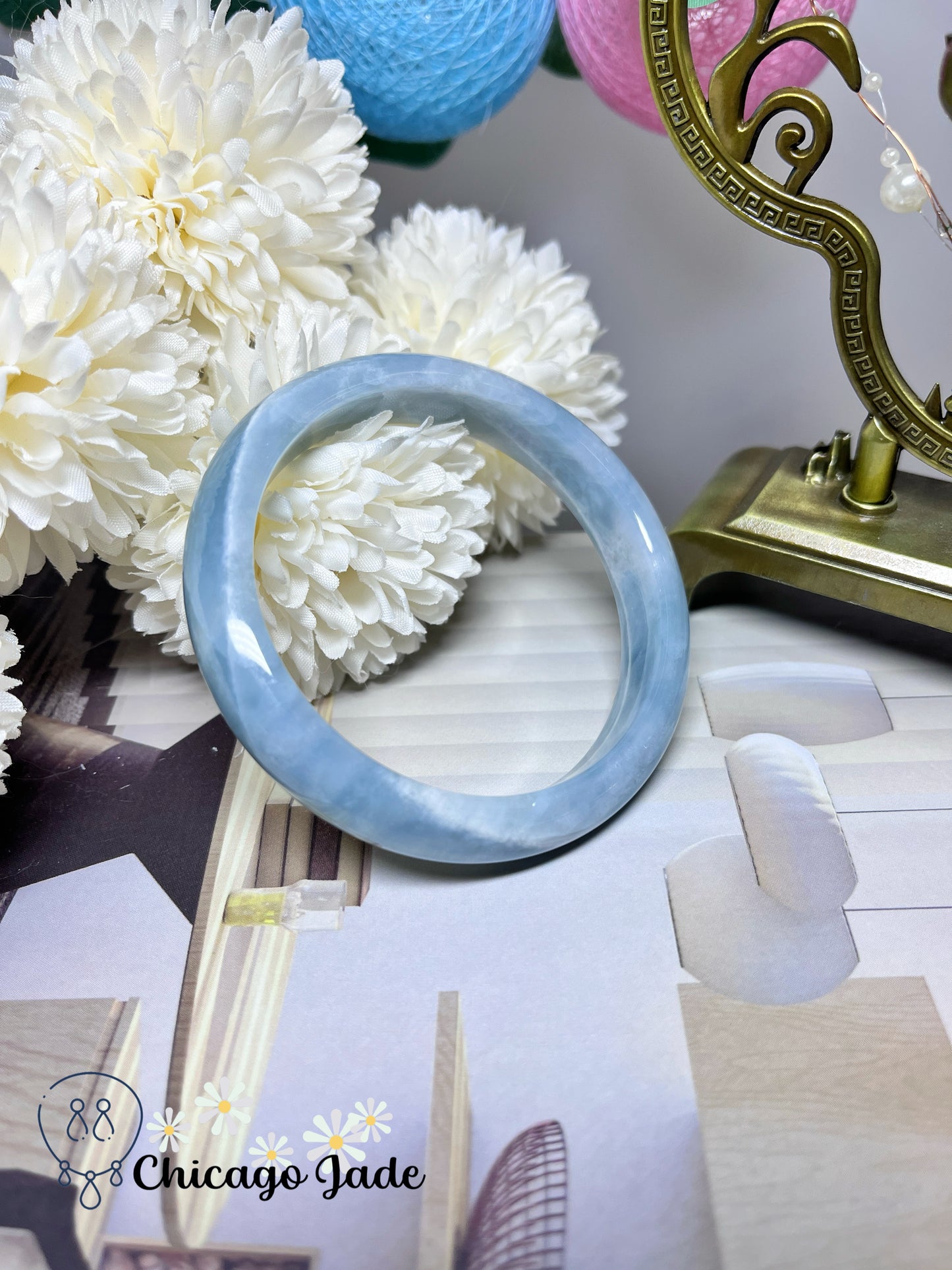 60.9mm Size L Blue Sky Base with White Cotton Lines Large Natural Jadeite Jade Feicui Bangle Certified Burma Grade A Authentic