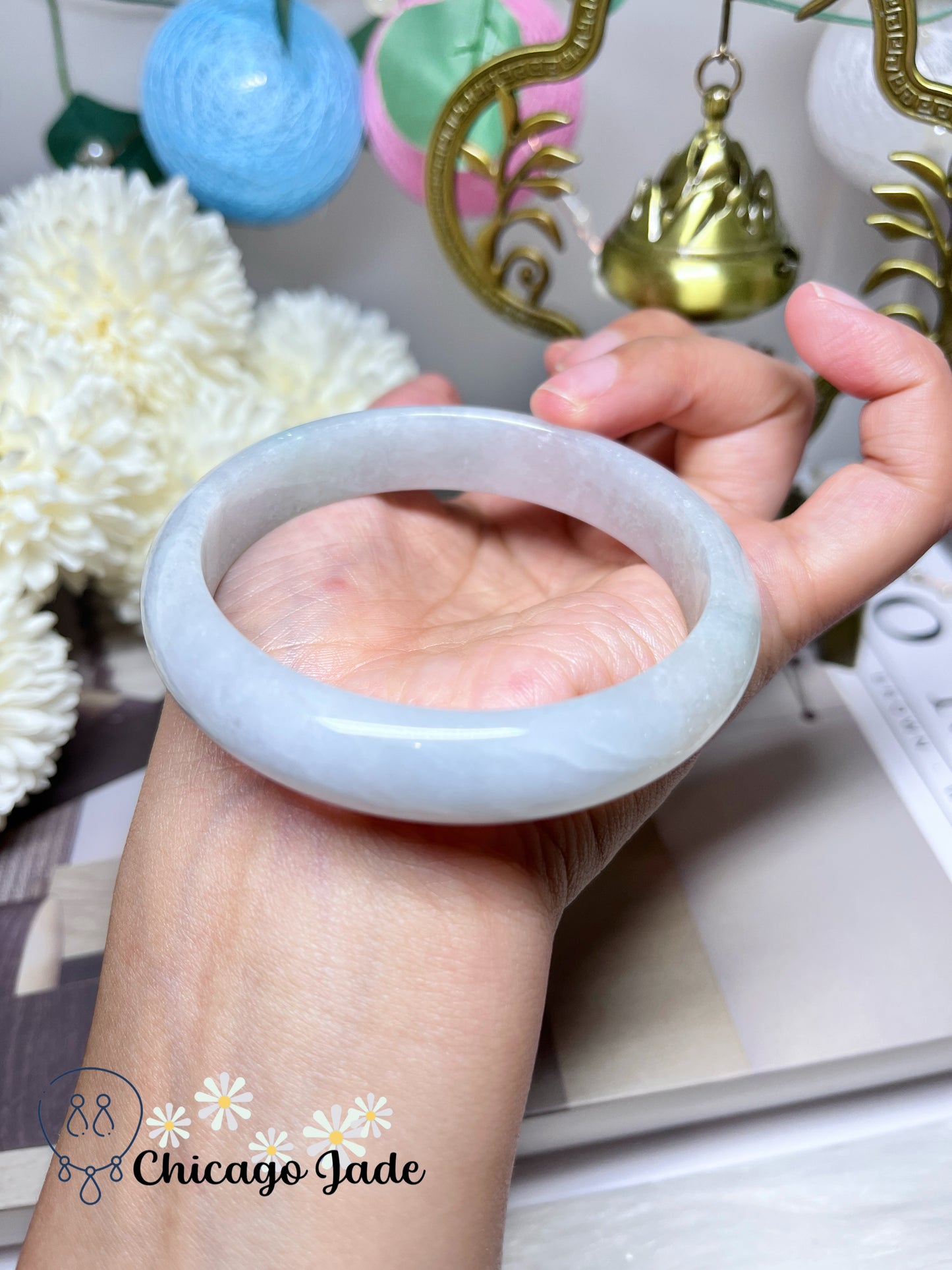 60.9mm Size L Moonlight White Translucent Perfect Round Jadeite Jade Feicui Bangle Grade A Authentic Certified Burma