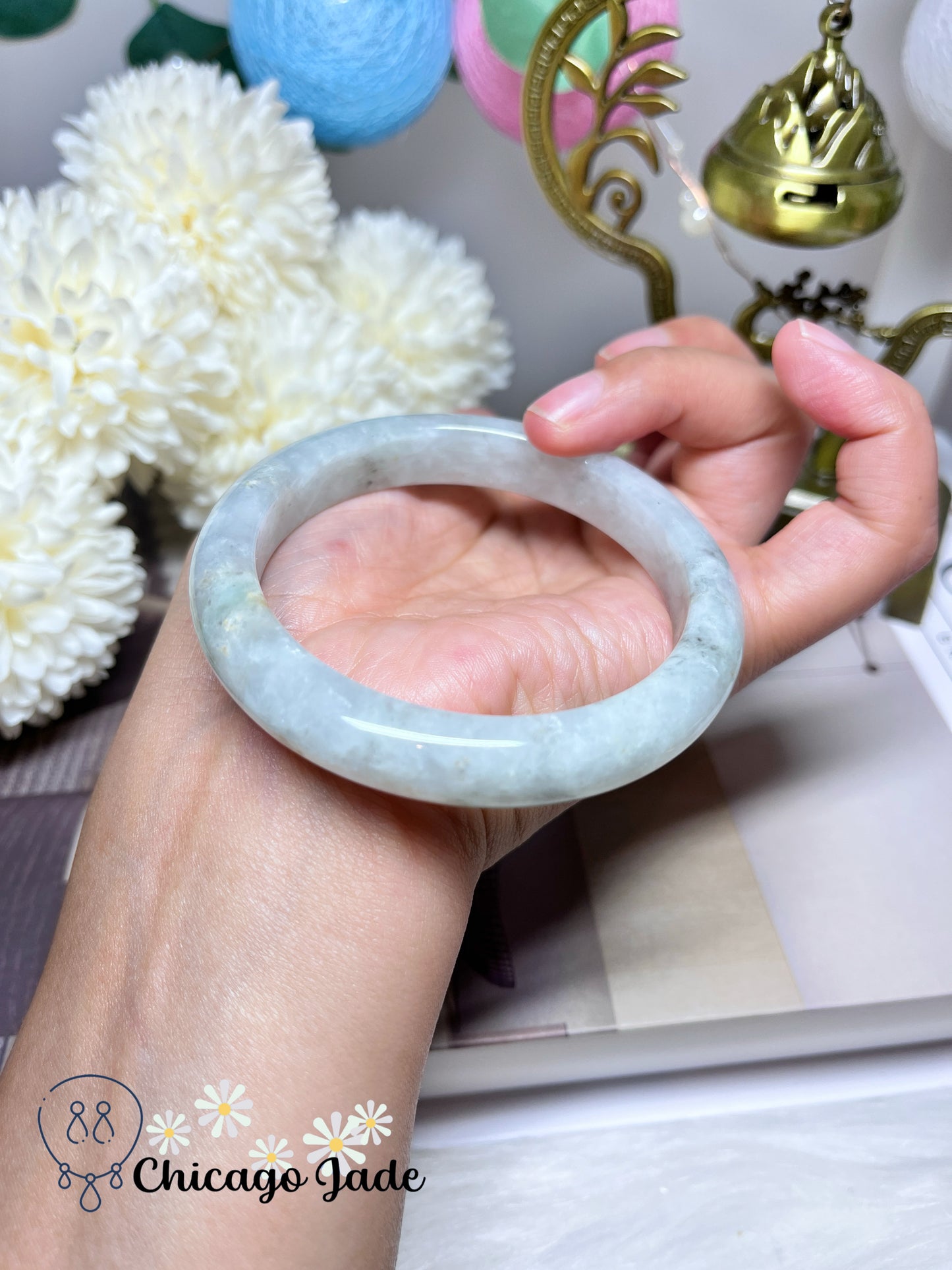 57.7mm Size M Icy Translucent Light Green Base with Dark Spots Jadeite Jade Feicui Bangle Certified Grade A Authentic