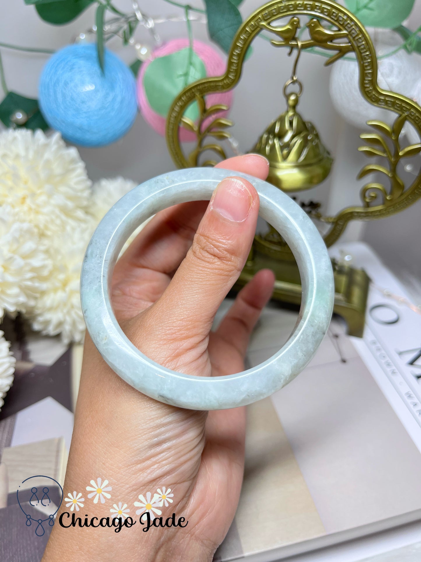 57.7mm Size M Icy Translucent Light Green Base with Dark Spots Jadeite Jade Feicui Bangle Certified Grade A Authentic