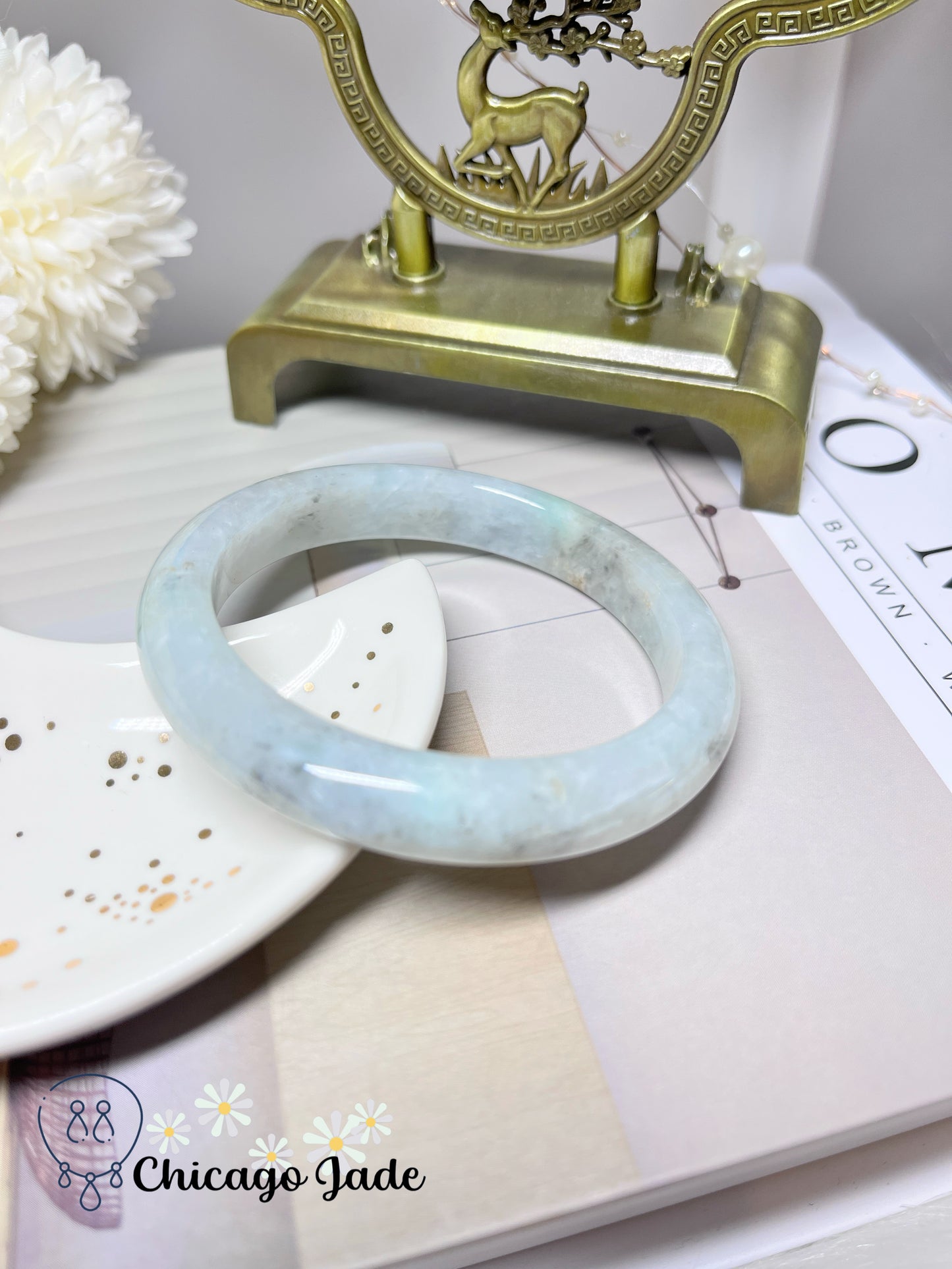 57.7mm Size M Icy Translucent Light Green Base with Dark Spots Jadeite Jade Feicui Bangle Certified Grade A Authentic