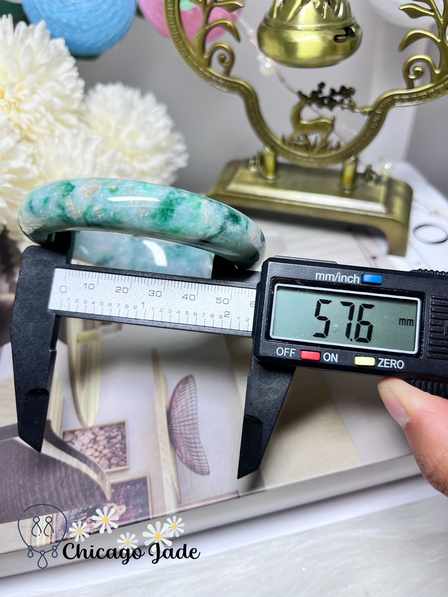 57.6mm Size M Icy Sage Base with Garden Sprout Green Natural Jadeite Jade Feicui Bangle Grade A Authentic