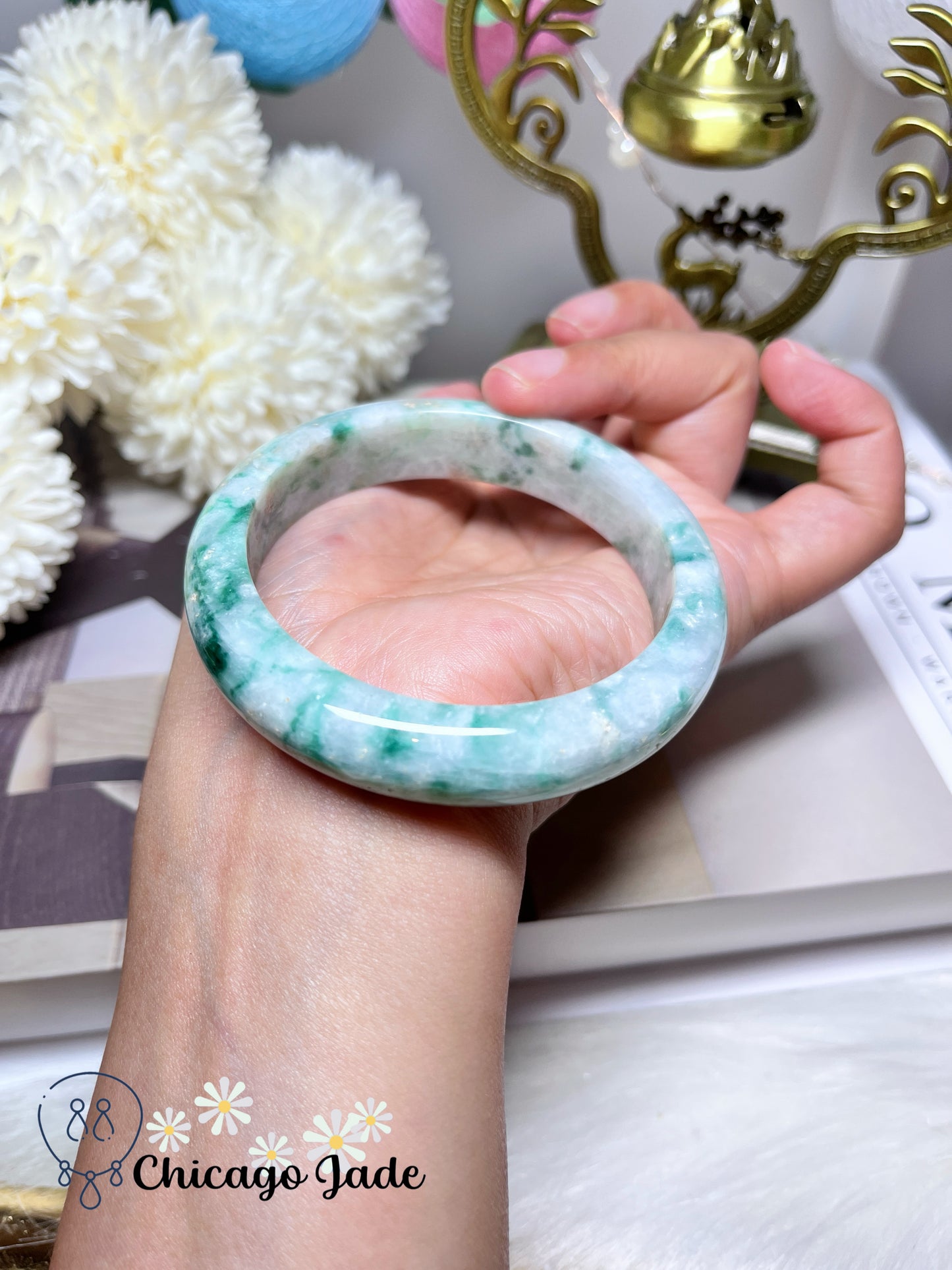 57.6mm Size M Icy Sage Base with Garden Sprout Green Natural Jadeite Jade Feicui Bangle Grade A Authentic