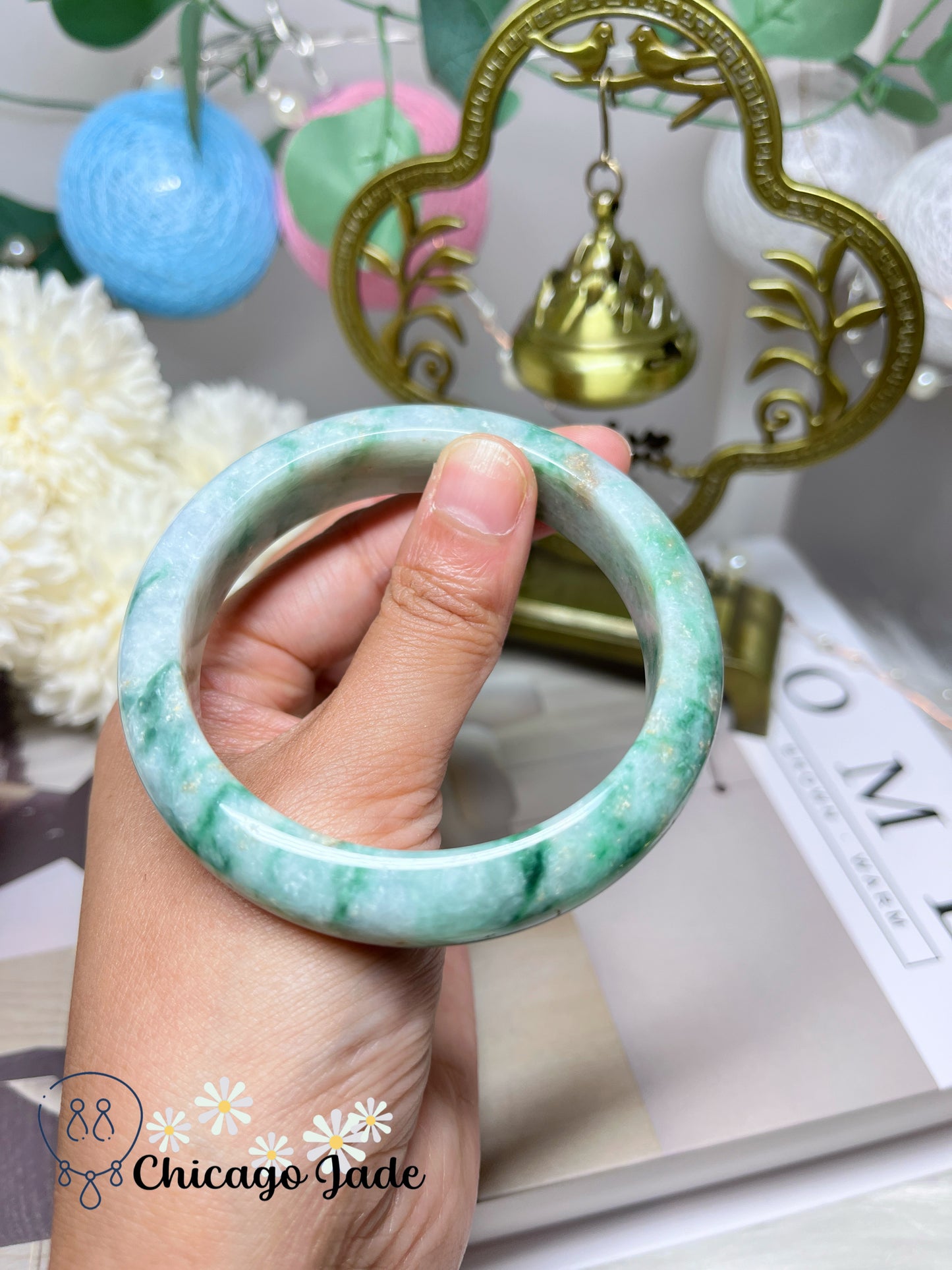 57.6mm Size M Icy Sage Base with Garden Sprout Green Natural Jadeite Jade Feicui Bangle Grade A Authentic