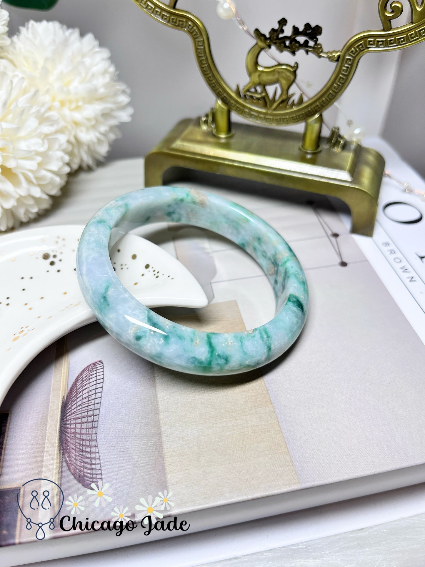 57.6mm Size M Icy Sage Base with Garden Sprout Green Natural Jadeite Jade Feicui Bangle Grade A Authentic