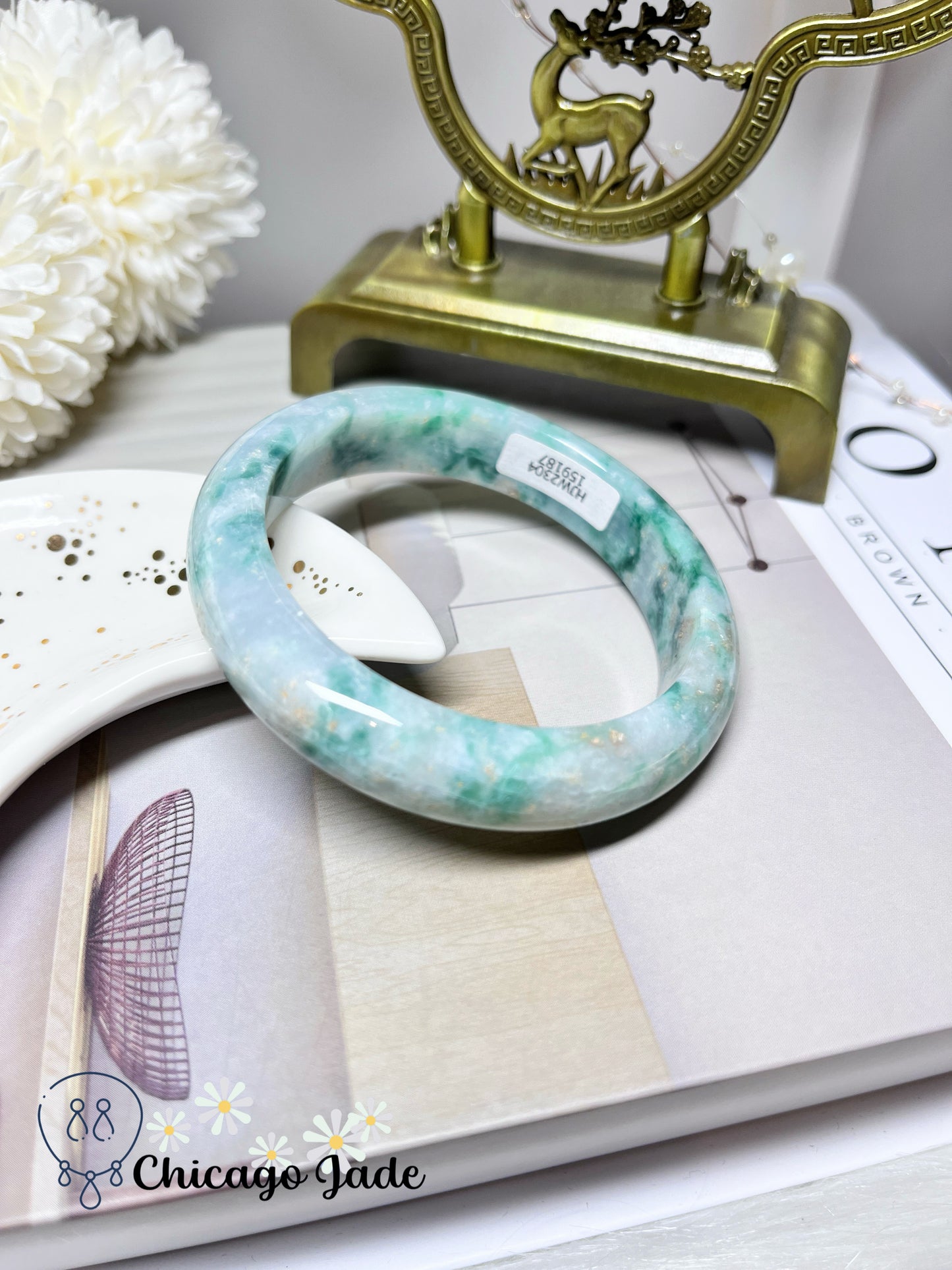 57.6mm Size M Icy Sage Base with Garden Sprout Green Natural Jadeite Jade Feicui Bangle Grade A Authentic