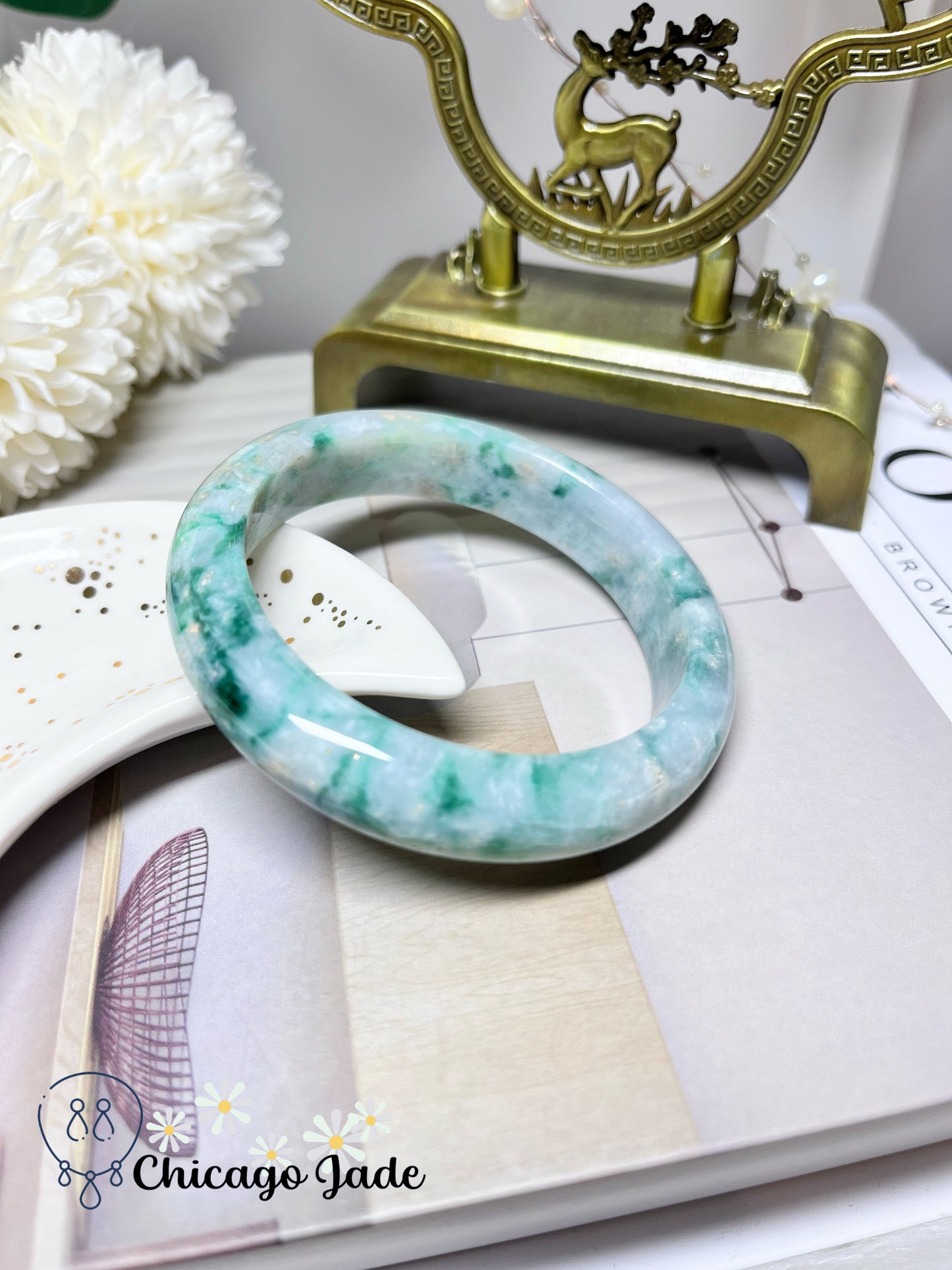 57.6mm Size M Icy Sage Base with Garden Sprout Green Natural Jadeite Jade Feicui Bangle Grade A Authentic