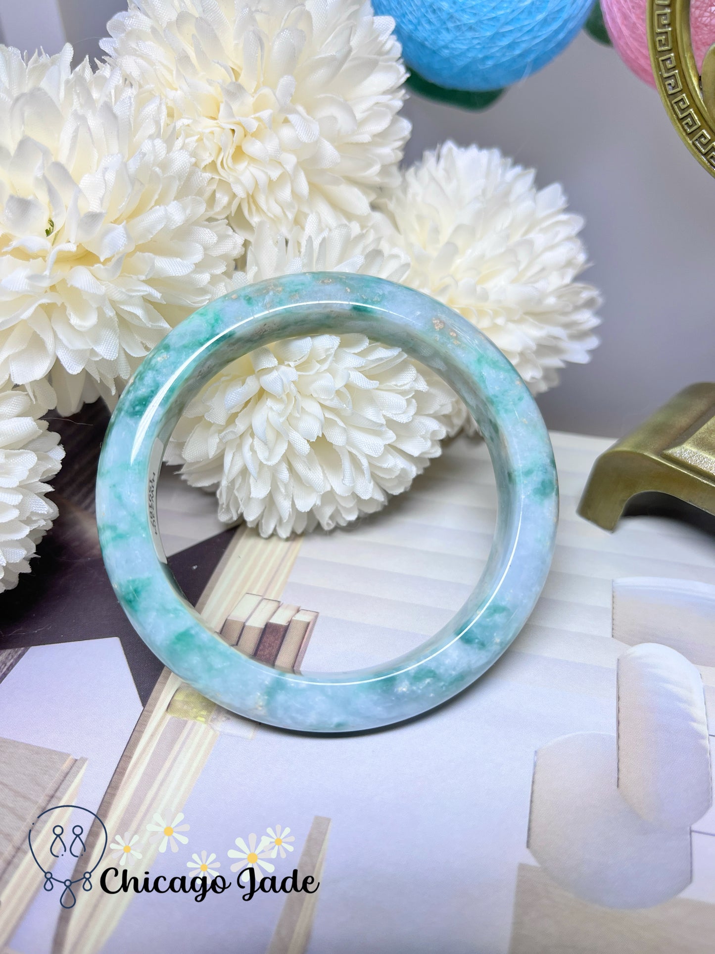 57.6mm Size M Icy Sage Base with Garden Sprout Green Natural Jadeite Jade Feicui Bangle Grade A Authentic