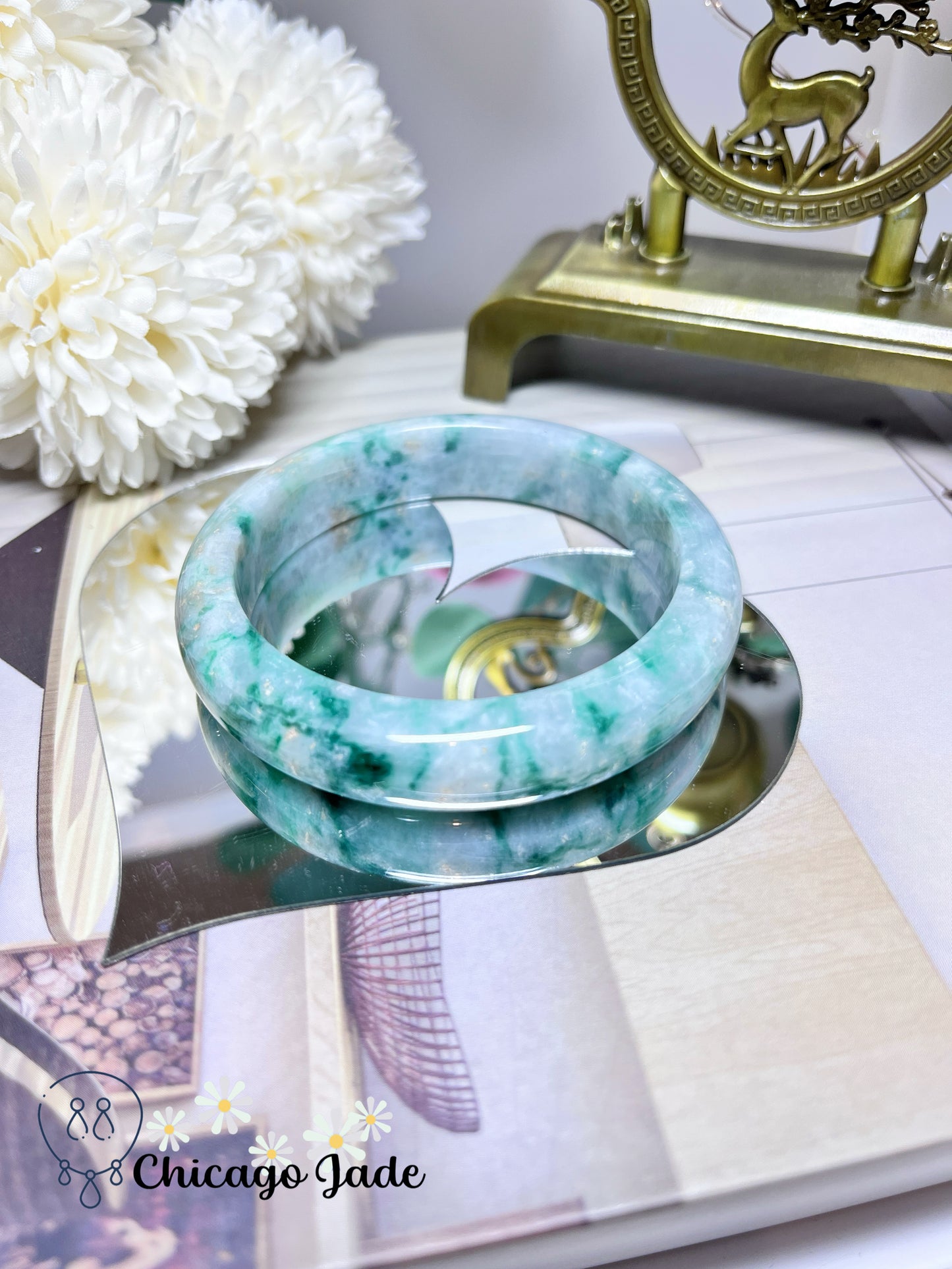 57.6mm Size M Icy Sage Base with Garden Sprout Green Natural Jadeite Jade Feicui Bangle Grade A Authentic