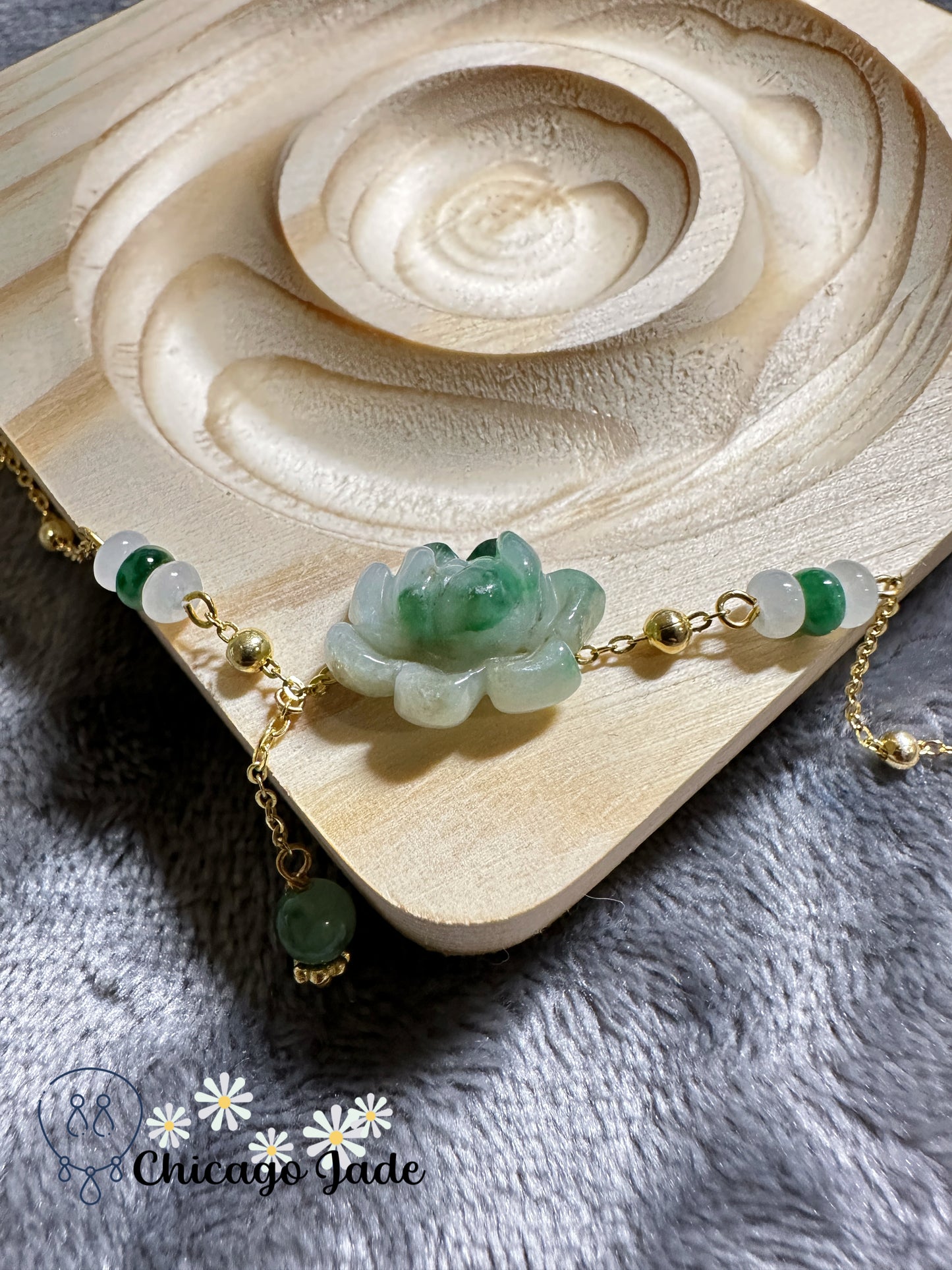 Authentic jadeite jade stone carve gradient green lotus sterling silver bracelet handmade with love