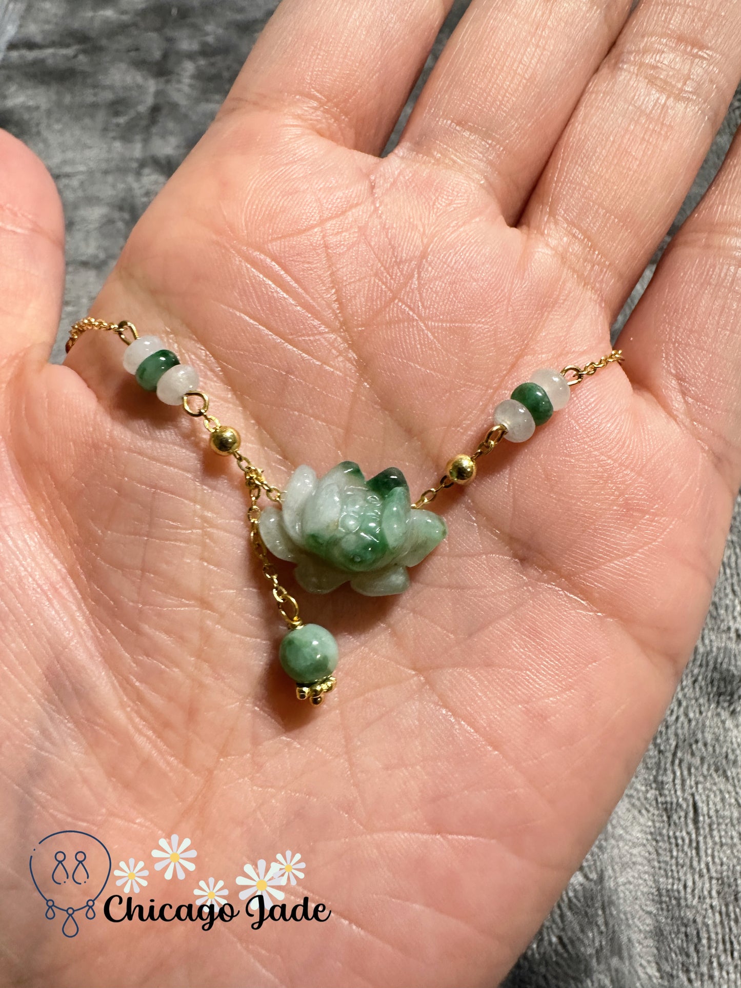 Authentic jadeite jade stone carve gradient green lotus sterling silver bracelet handmade with love