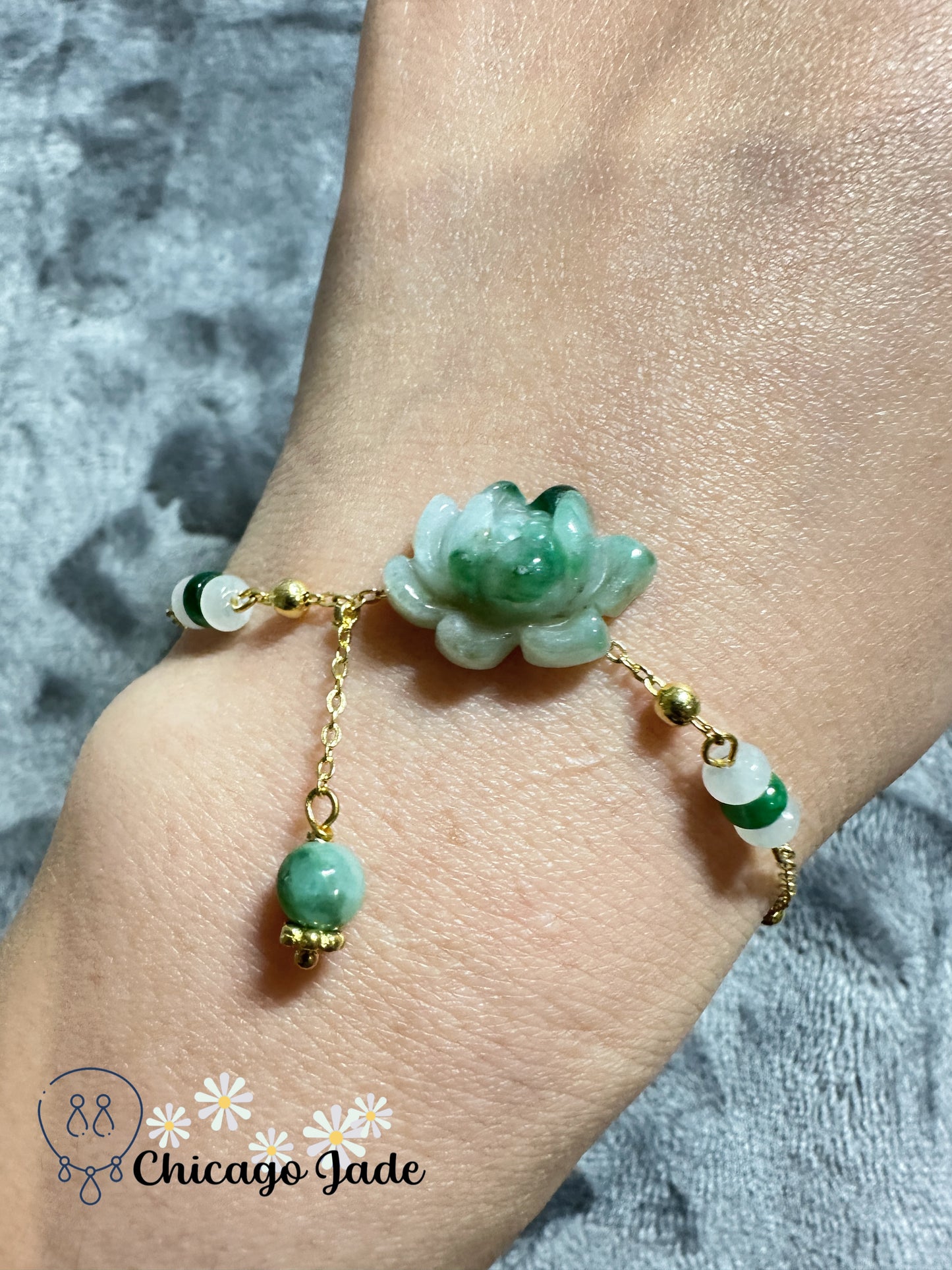 Authentic jadeite jade stone carve gradient green lotus sterling silver bracelet handmade with love