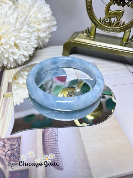 57.2mm Size M Sky Blue with White Cotton Clouds Natural Jadeite Jade Feicui Bangle Grade A Authentic Burma