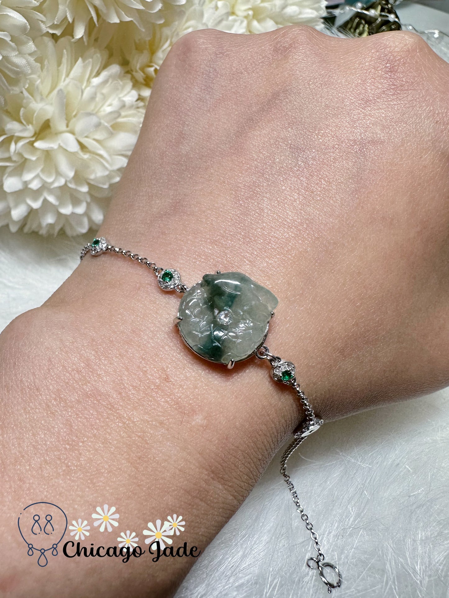 Icy Translucent Base with Dark Green Highlights Carved Jadeite Jade Feicui Dragon Loop on Sterling Silver S925 Adjustable Chained Bracelet Handmade Gift Ready