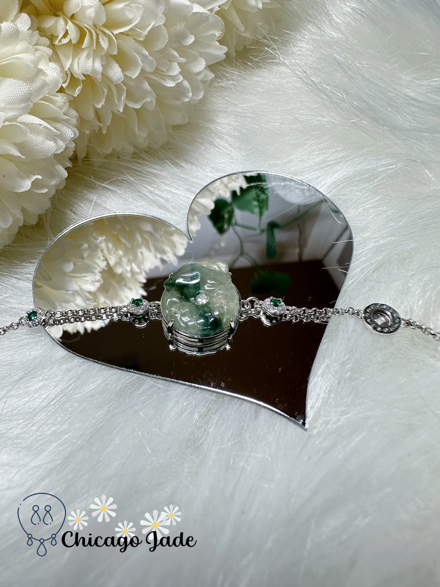 Icy Translucent Base with Dark Green Highlights Carved Jadeite Jade Feicui Dragon Loop on Sterling Silver S925 Adjustable Chained Bracelet Handmade Gift Ready