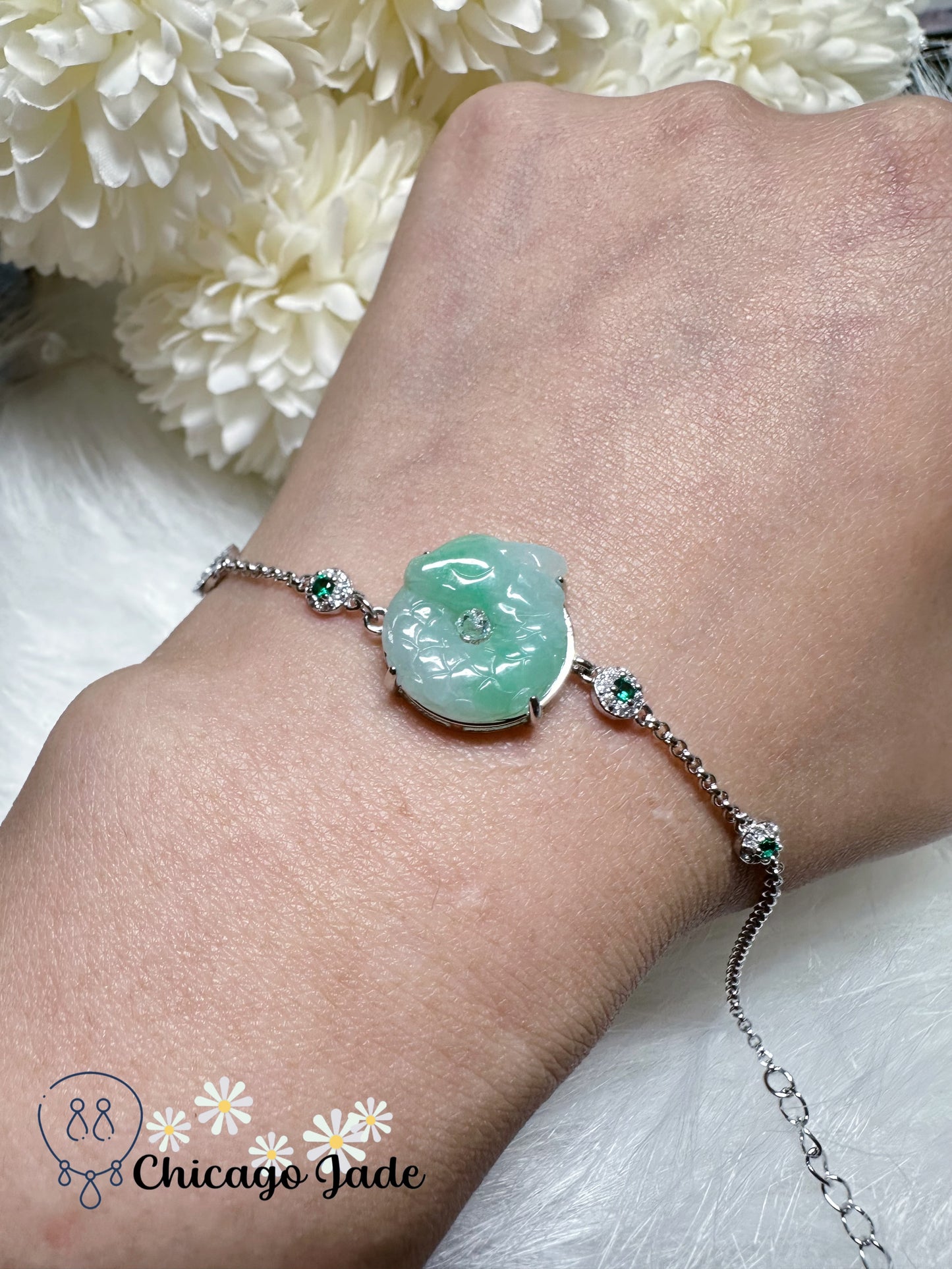 High Quality Grass Green Finely Carved Dragon Loop Jadeite Jade Feicui Stone on Sterling Silver S925 Chained Bracelet Handmade Gift Ready