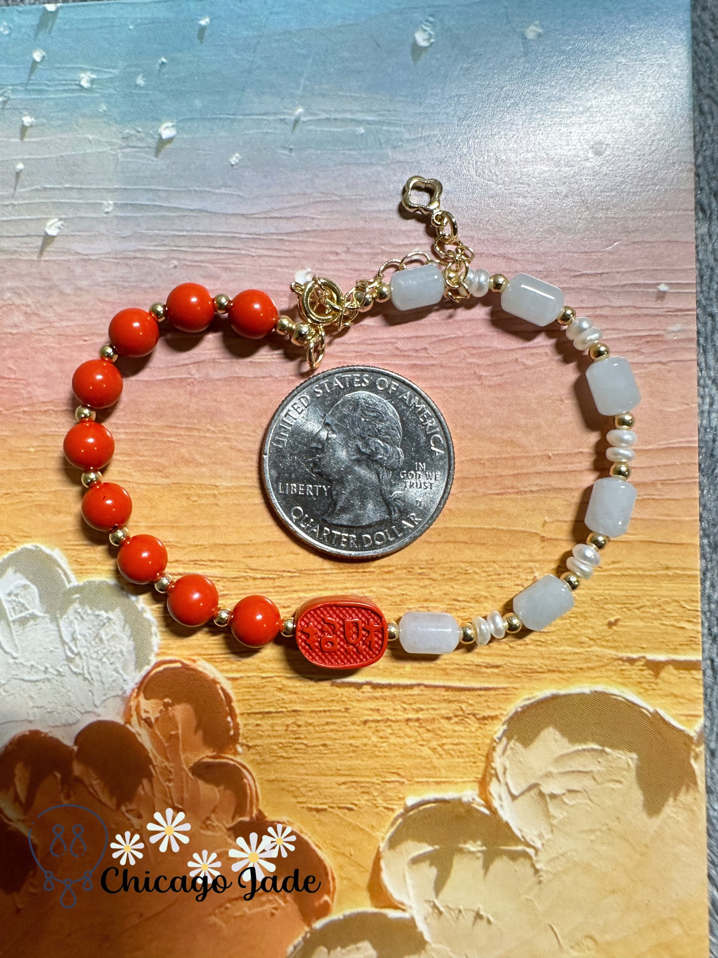 Jadeite beaded bracelet with freshwater pearl and red wood alloy