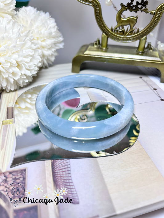 60.9mm Size L Sky Blue with White Clouds Flat Inside Jadeite Jade Feicui Bangle Authentic Burma