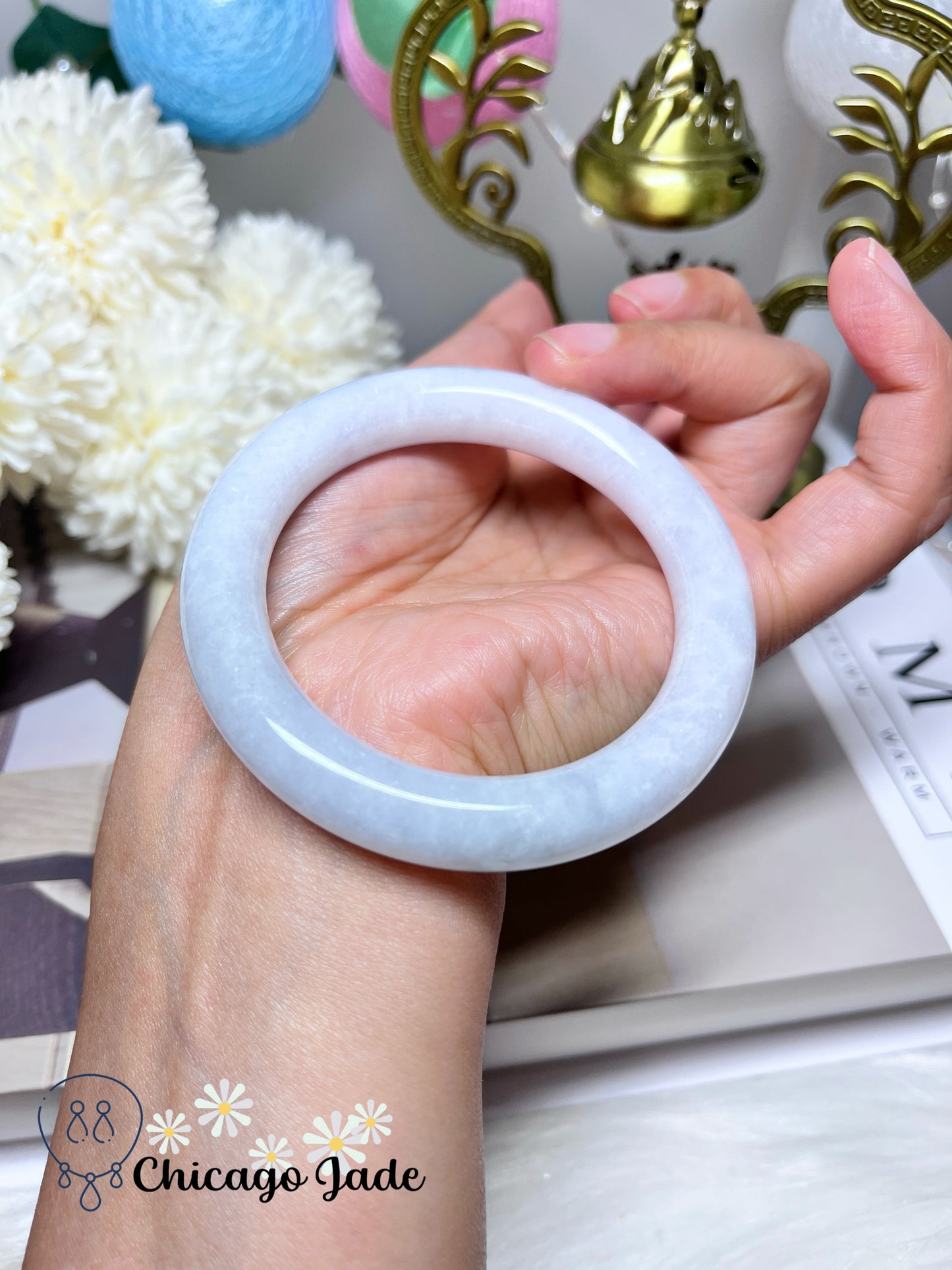 54.2mm Size M Icy Moonlight White Round Jadeite Jade Feicui Bangle Authentic Certified Burma