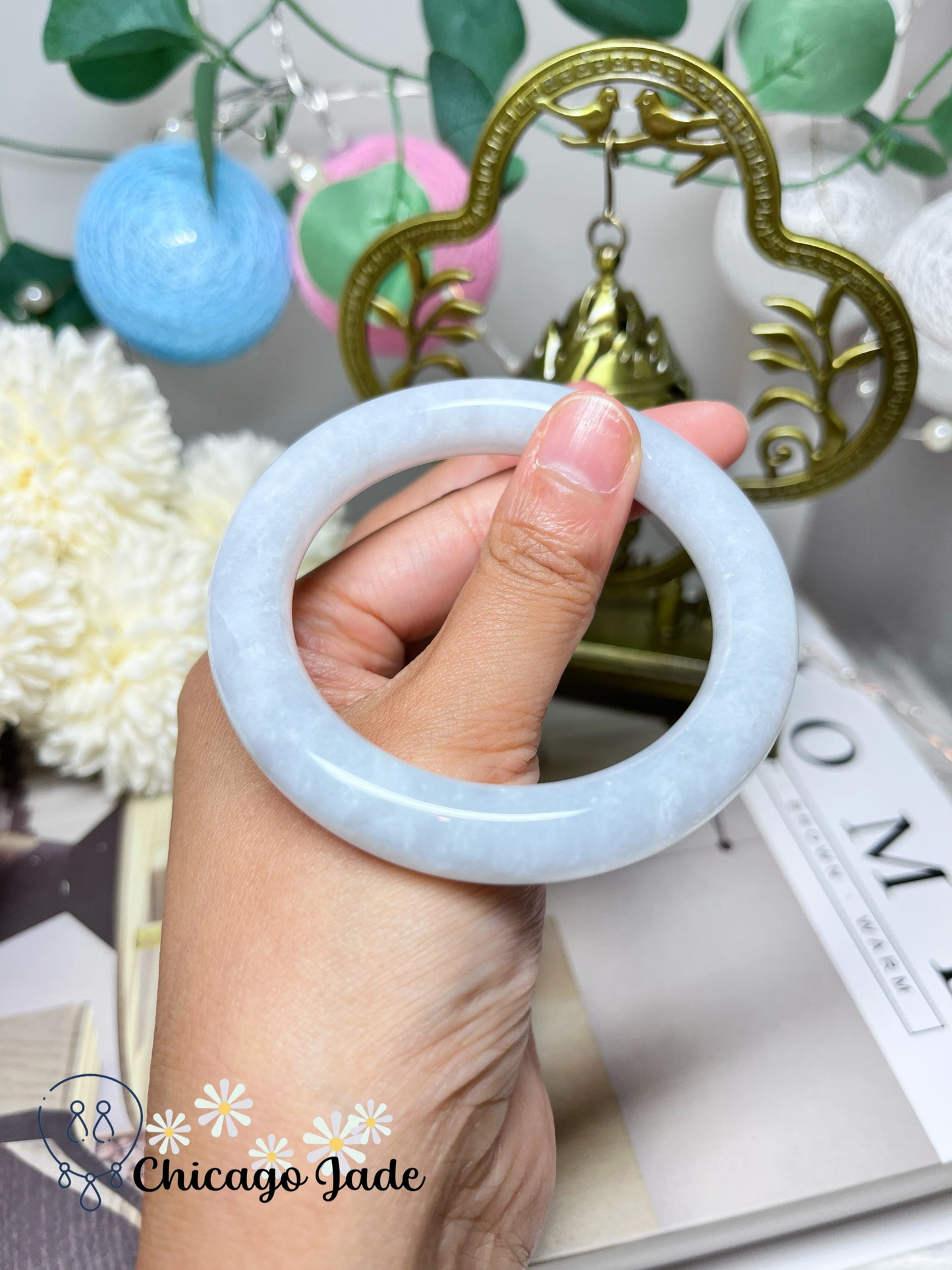 54.2mm Size M Icy Moonlight White Round Jadeite Jade Feicui Bangle Authentic Certified Burma