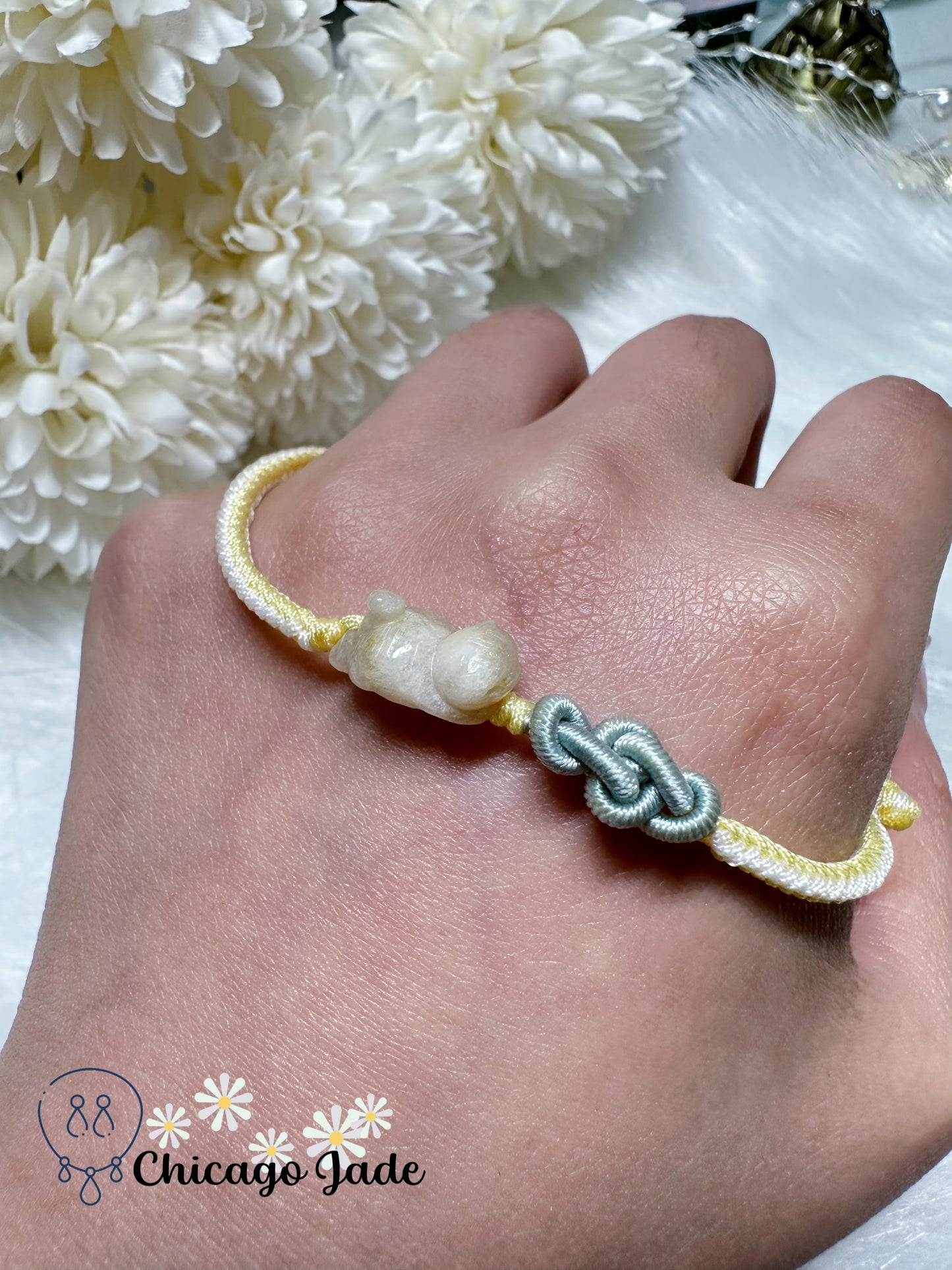 White Yellow Bi-Color Natural Carved Cat Jadeite Jade Feicui Stone on Adjustable Rope Bracelet Handmade Authentic Grade A Certified Burma Gift Ready