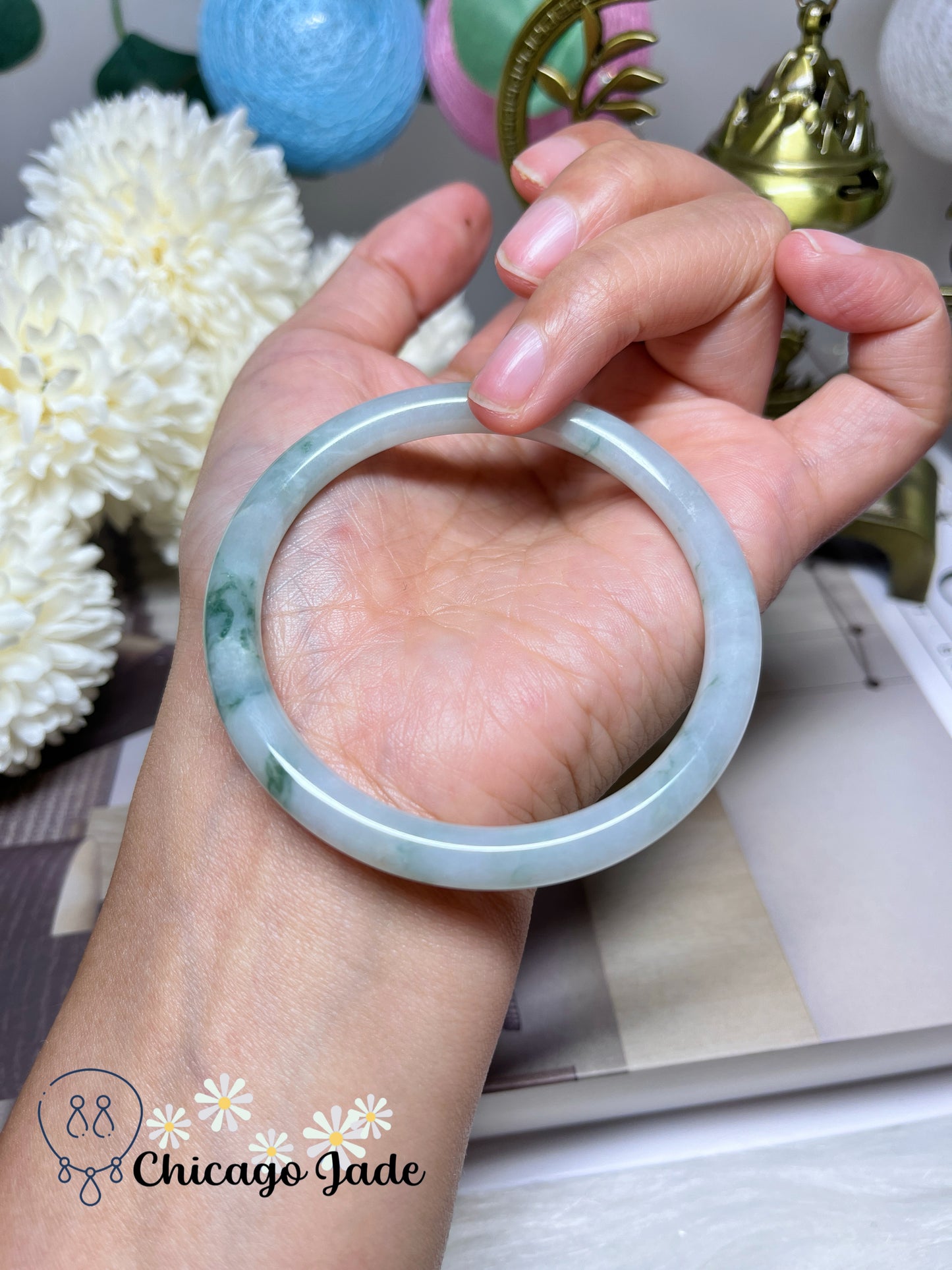 56.1mm Size M Dainty Round Jadeite Jade Feicui Bangle Handmade Gift