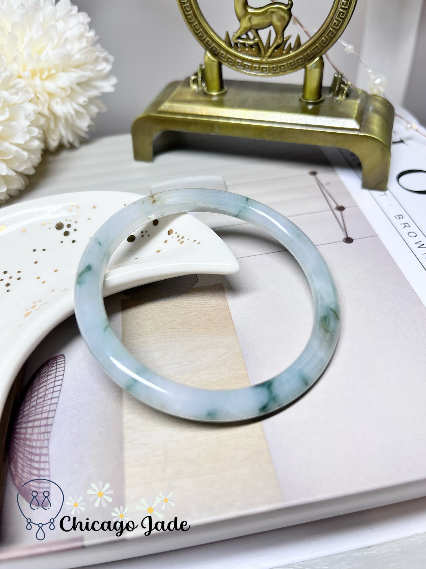 56.1mm Size M Dainty Round Jadeite Jade Feicui Bangle Handmade Gift