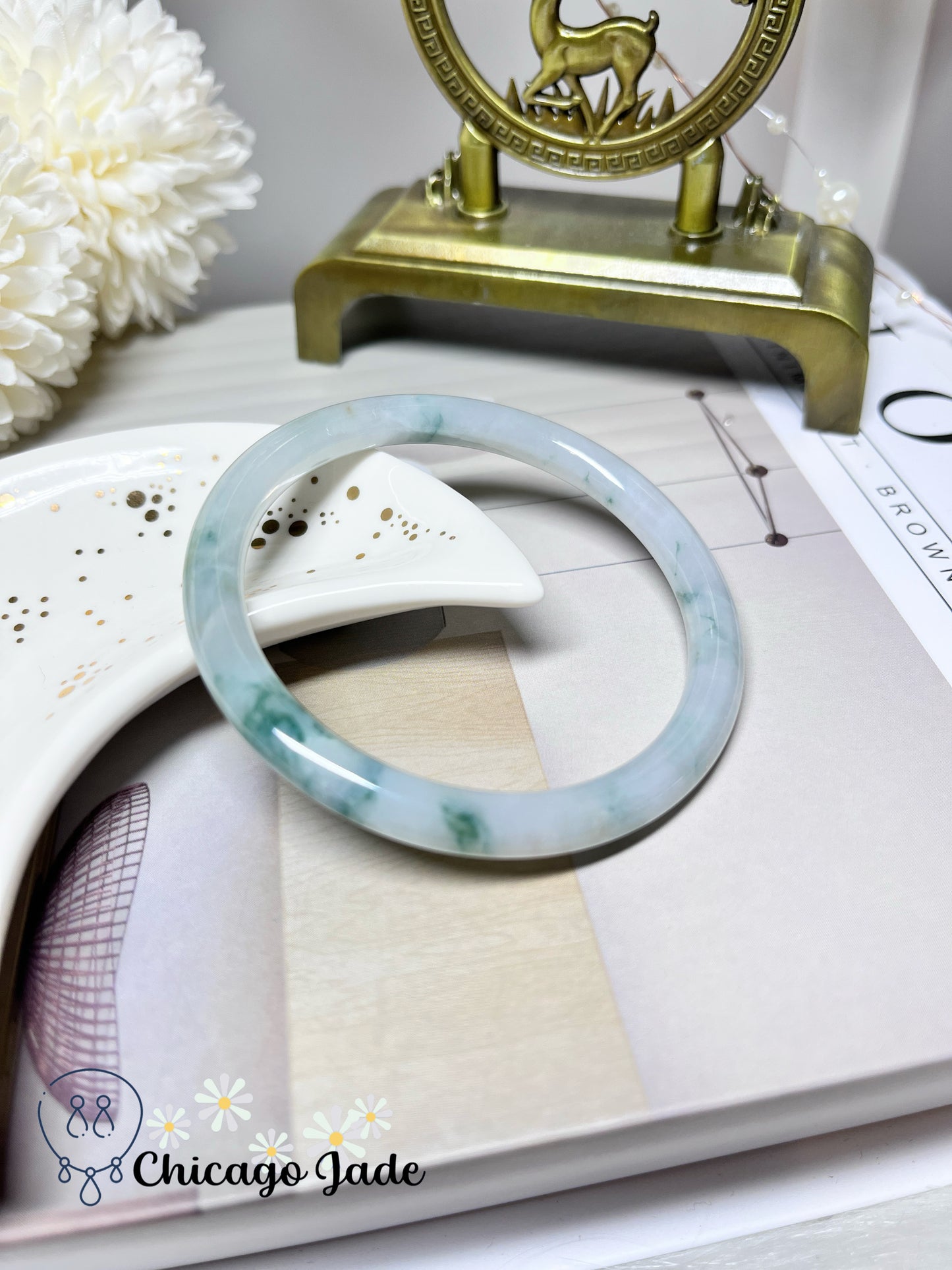 56.1mm Size M Dainty Round Jadeite Jade Feicui Bangle Handmade Gift