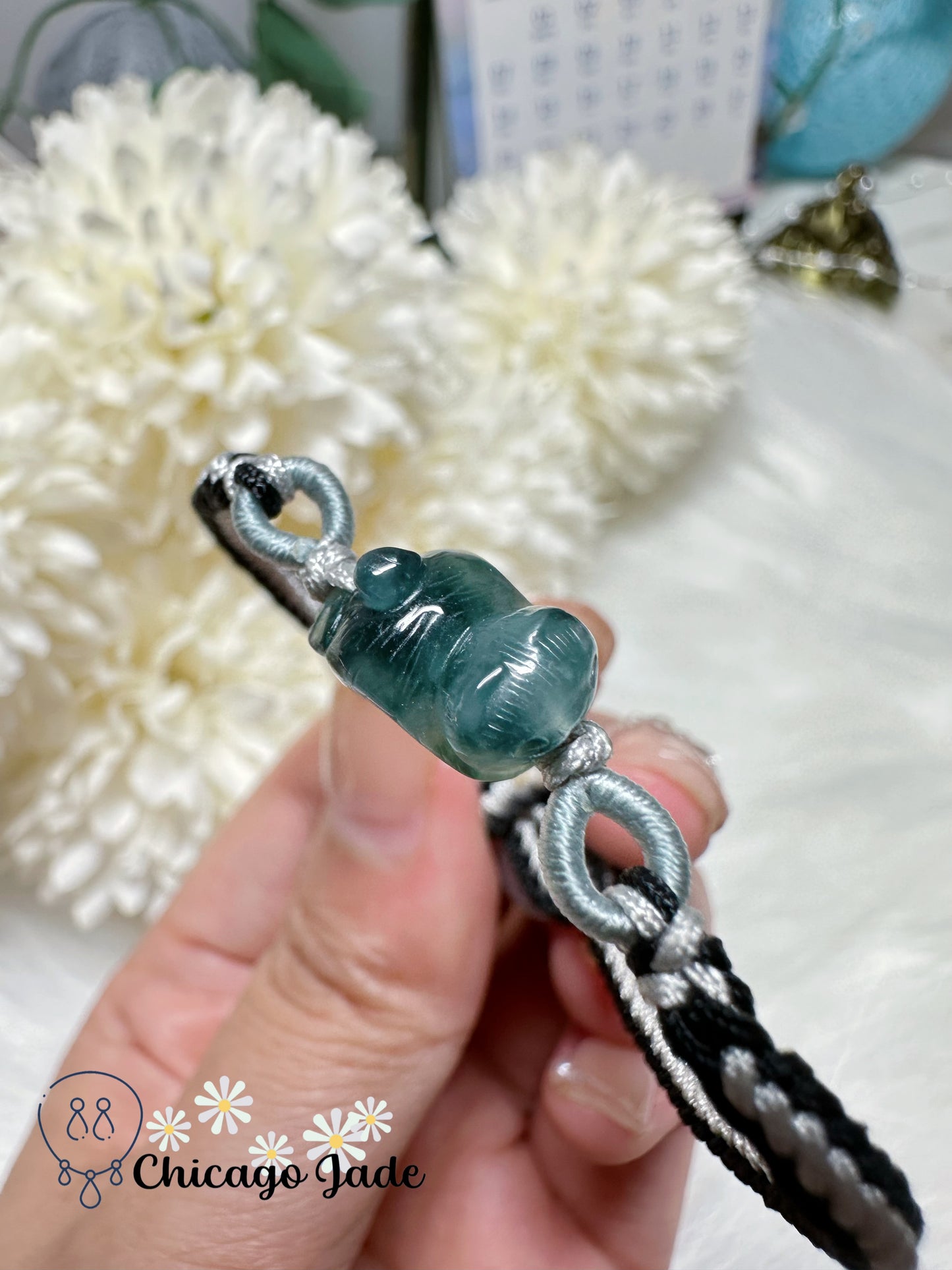 Gradient Black Green Carved Jadeite Jade Feicui Cat on Adjustable Rope Bracelet Authentic Grade A Certified Gift Ready