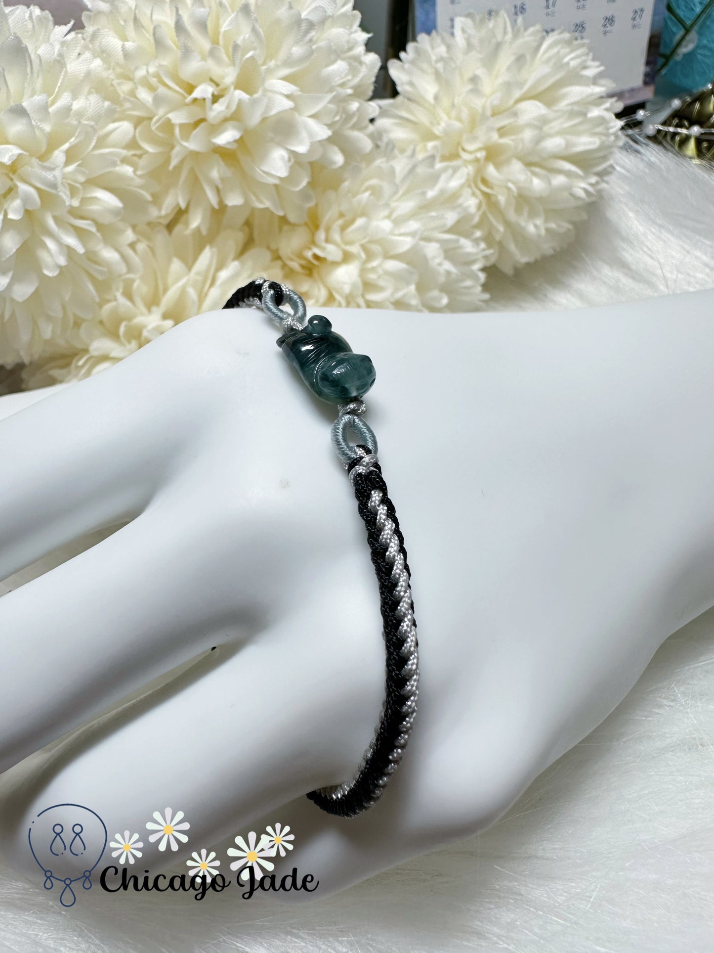 Gradient Black Green Carved Jadeite Jade Feicui Cat on Adjustable Rope Bracelet Authentic Grade A Certified Gift Ready