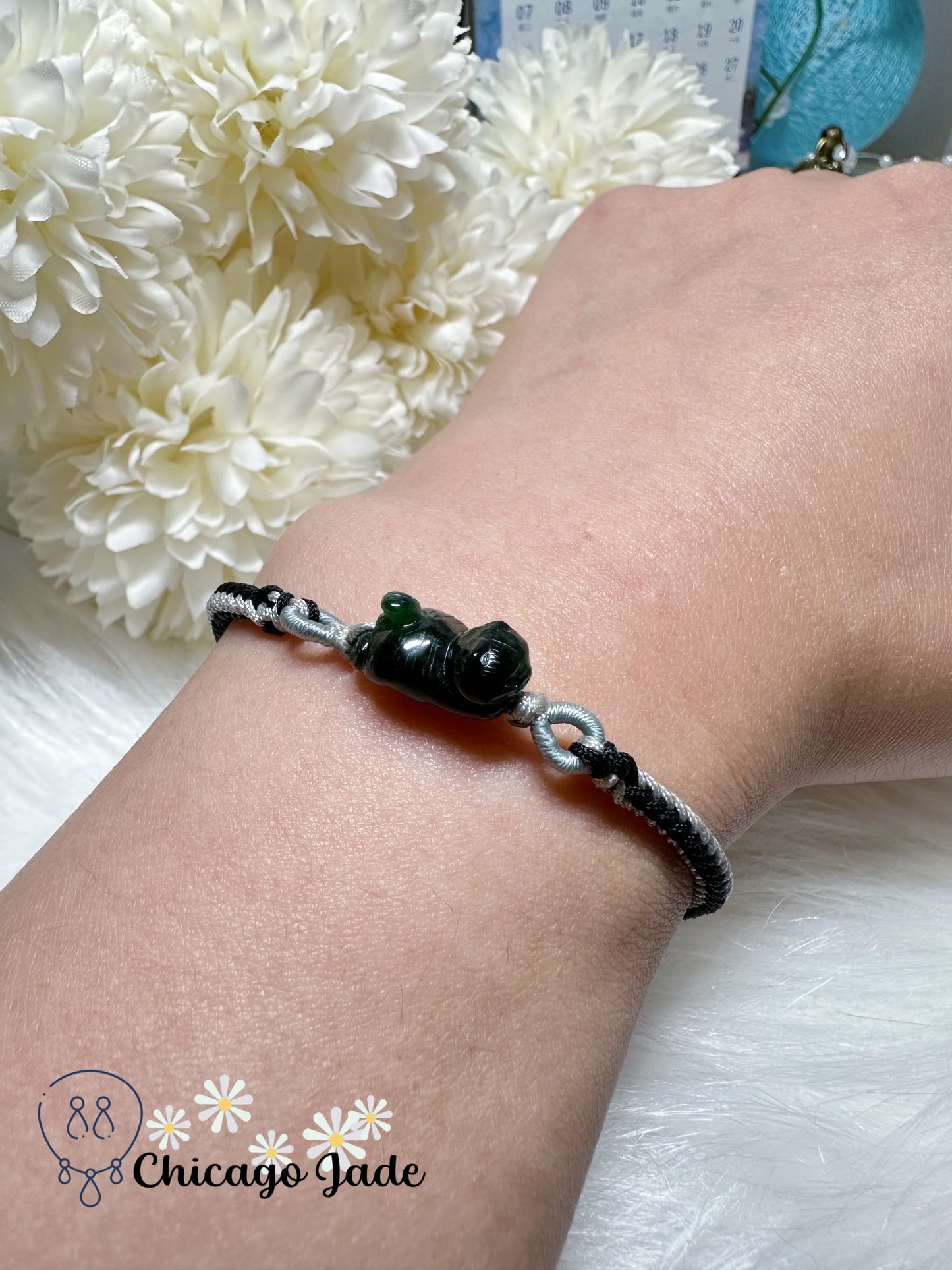 Dainty Black Cat Carved Jadeite Jade Feicui Stone Adjustable Rope Bracelet Gift Ready Authentic Certified Grade A Burma